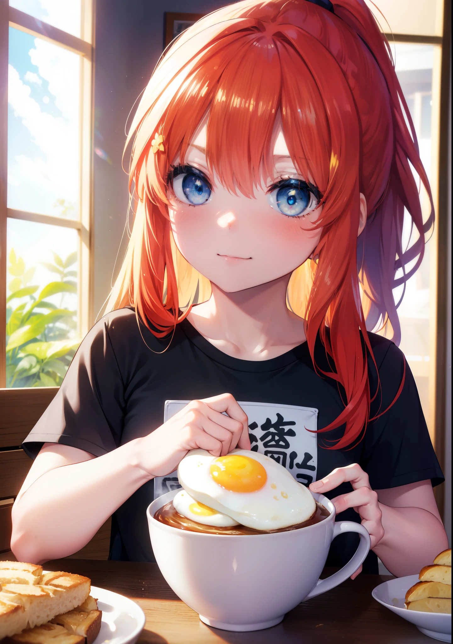 itsukinakano, Itsuki Nakano, bangs, blue eyes, hair between eyes, Ahoge, long hair,ponytail,redhead,blush,smile, T-shirt,shorts,There are fried eggs, toasted bread, and a coffee mug on the table.,breakfast,sitting in a chair,Sunlight from the window,
break indoors,dining,
break (masterpiece:1.2), highest quality, High resolution, unity 8k wallpaper, (shape:0.8), (fine and beautiful eyes:1.6), highly detailed face, perfect lighting, Very detailed CG, (perfect hands, perfect anatomy),