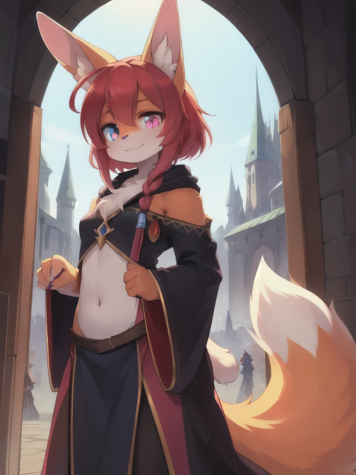 masterpiece, soft shading, 1girl, Furry, bunny ears, cat tail, anthropomorphic, female, orange fur, orange skin, grey belly, (heterochromia, (blue eyes, pink eyes)), red hair, wizard robes, fantasy city, uploaded on e621, standing