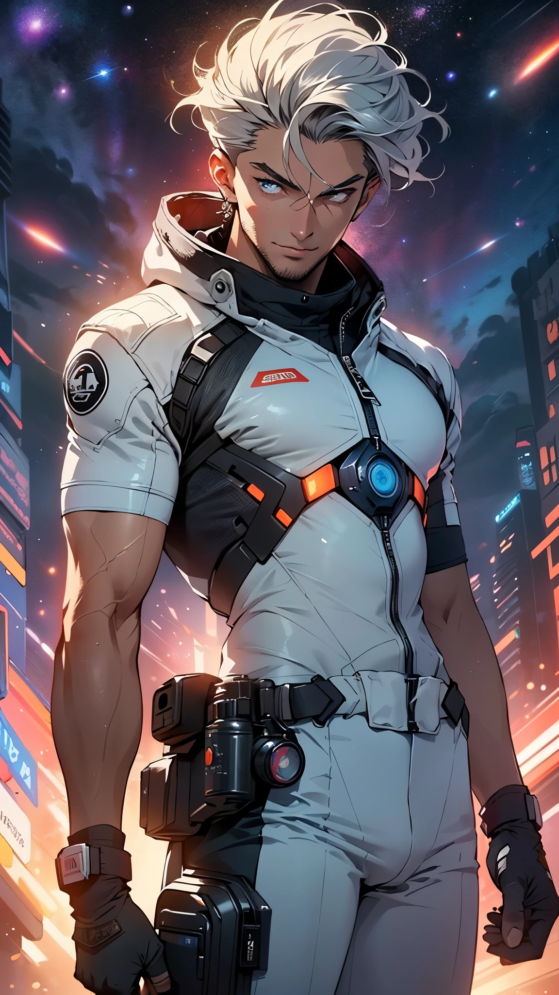 (man:1.5),1 man,space adventure man,(((1man))),
(((1male,man:1.5,handsome man,male,male gender:1.5,male focus))),macho man,old man,big muscle, pectoral, big pectoral, muscular, Mature man,45 year old man,adult,1 man, old macho man
((short gray hair,slicked hair,gray hair)),(((lustrous skin:1.5,tanned skin,bright skin: 1.5,skin tanned,shiny skin,very shiny skin,shiny body,illuminated skin))),(((blue_eyes:1.2))),intricate eyes,beautiful detailed eyes,symmetrical eyes,man chest,handsome face,(((white very short beard, silver very short beard))),((muscular,hairy body,muscular man)),(((detailed face))),
alluring look,nsfw,Viking, barbarian,
space suit pants,((bulge in pants)),((space suit outfit, blue space suit,short sleeve spacesuit)),(wearing a space suit outfit:1.3,space suit clothes),((wet clothes,intricate outfit,intricate clothes)),
(dynamic pose:1.0),solo focus,((evil smile,evil look)),(centered,scale to fit dimensions,Rule of thirds),
cyberpunk city by the ocean at night, with bright neon signs and dark stormy clouds and puddles, scenery:1.25,nighttime, starry night, cosmos,Very dark night that makes the neon lights stand out, very bright neon lights,nighttime, starry night, cosmos,
artistic photography,(photography taken by sldr),highres, sharp focus,(ultra detailed, extremely detailed), (photorealistic artwork:1.37),(extremely detailed CG unity 8k wallpaper),((synthwave background theme)),(((vibrant colors))),intricate,(intricate background),(masterpiece),(best quality),photo realistic,analog style,((intricate detail)),(((realism))),