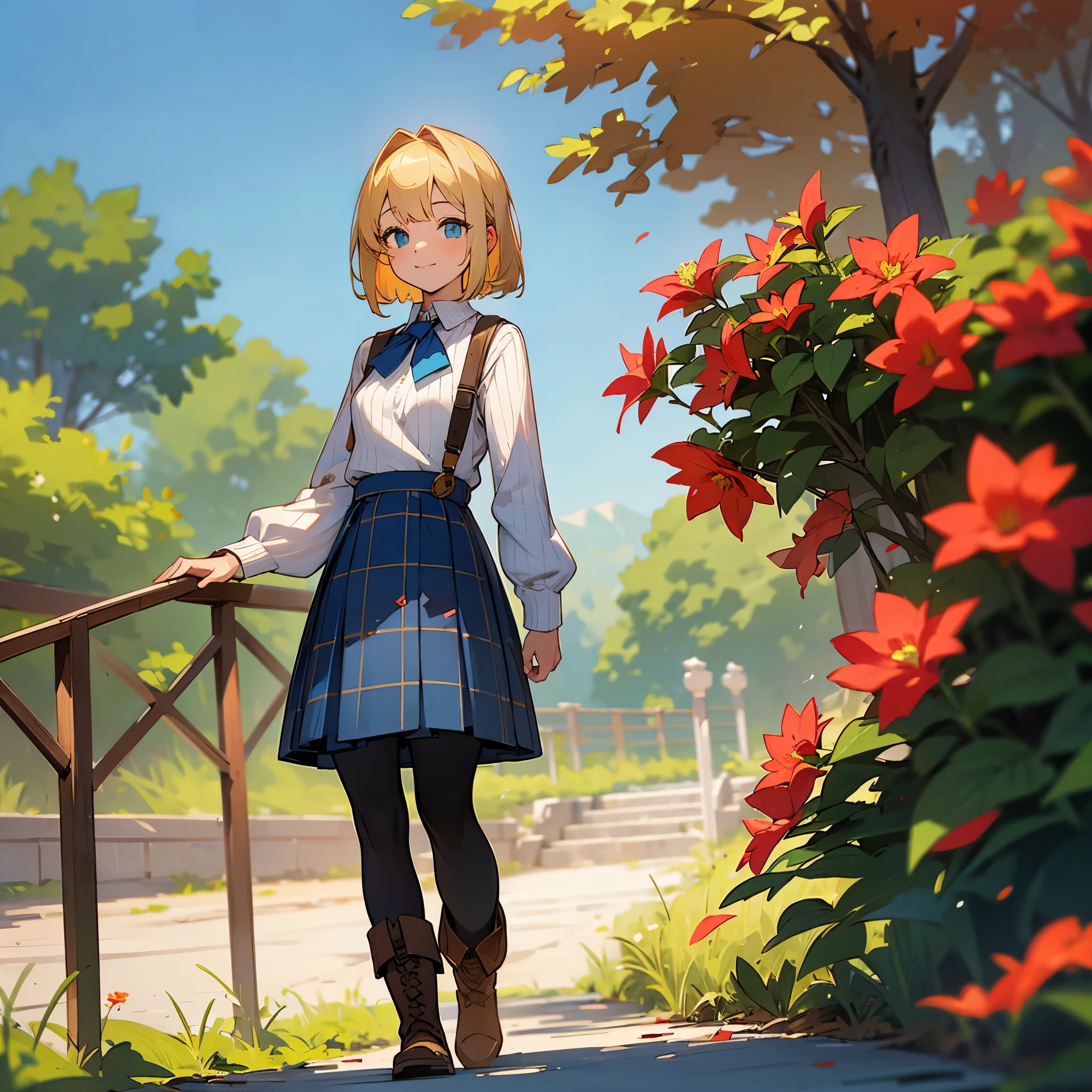 (high quality, high resolution, Super detailed, 8K, Reality:1.37), peaceful atmosphere, (outdoor, garden), teenage girl standing alone, (big chest.), beautiful detailed features, cute smile, (blonde bob hair), ribbed sweater, blue plaid skirt, black tights, brown boots.