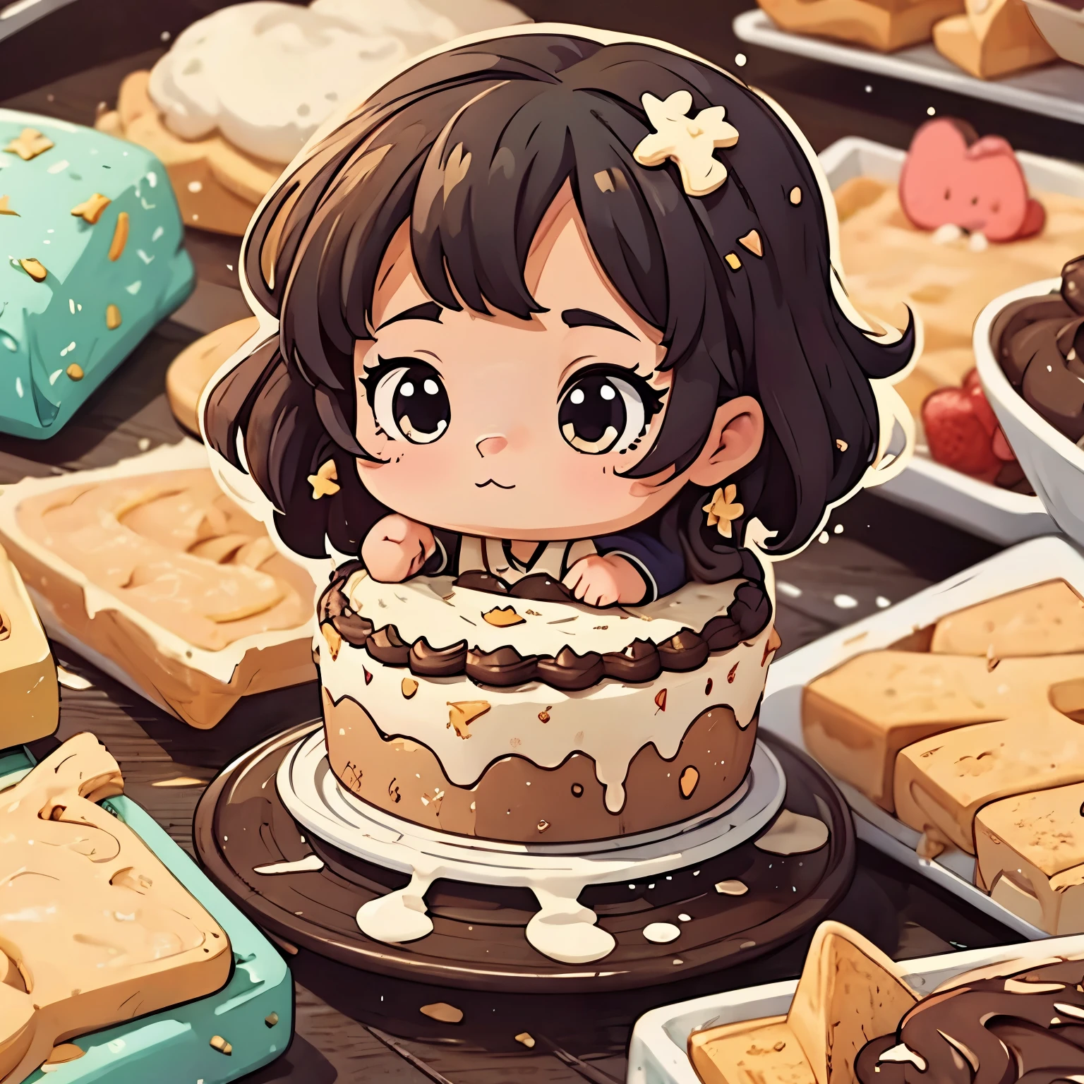 Photoreal、anime character(chibi girl、The lines are thick、Deformed)There is a whole cake with a picture of、Whipped cream