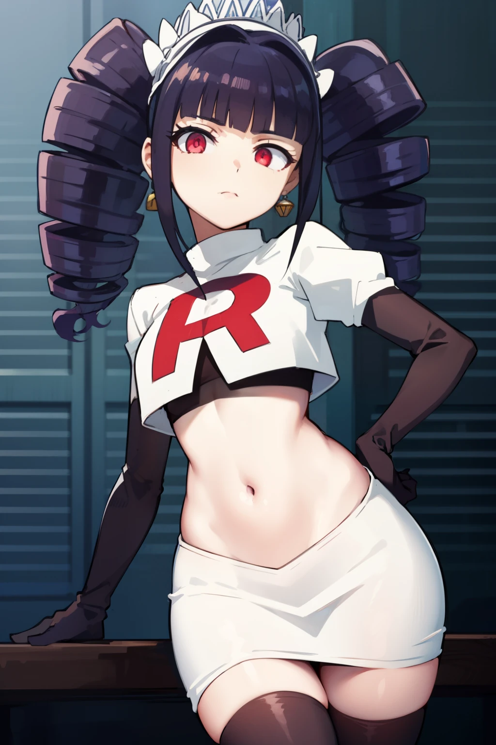 celestialudenberg, celestia ludenberg, long hair, bangs, black hair, (red eyes:1.3), long sleeves, twintails, drill hair, twin drills,
BREAK jewelry, earrings, bonnet, team rocket,team rocket uniform,white skirt,red letter R,crop top,black thigh-highs,black elbow gloves
BREAK looking at viewer, (cowboy shot:1.5),
BREAK (masterpiece:1.2), best quality, high resolution, unity 8k wallpaper, (illustration:0.8), (beautiful detailed eyes:1.6), extremely detailed face, perfect lighting, extremely detailed CG, (perfect hands, perfect anatomy),