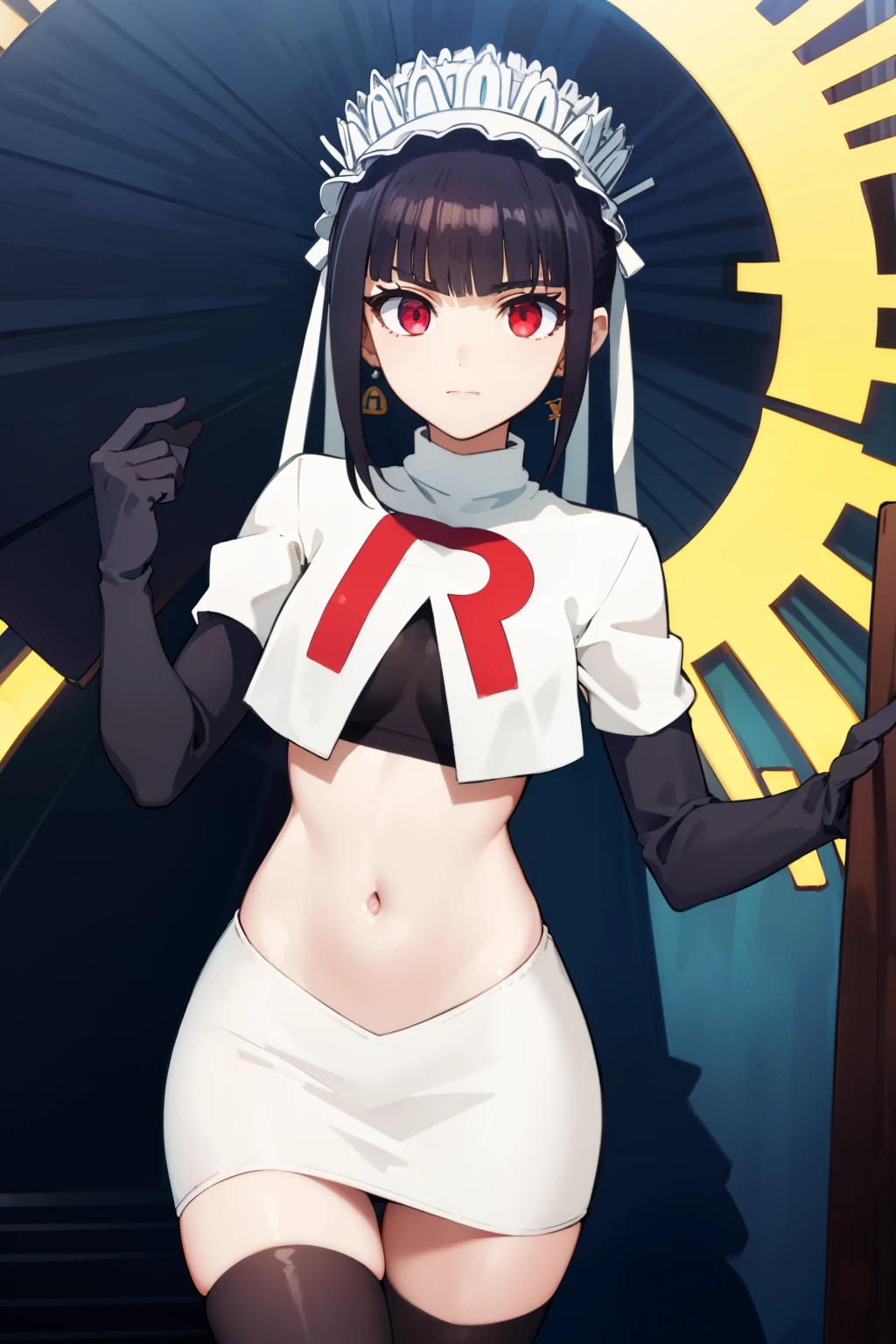 celestialudenberg, celestia ludenberg, long hair, bangs, black hair, (red eyes:1.3), long sleeves, twintails, drill hair, twin drills,
BREAK jewelry, earrings, bonnet, team rocket,team rocket uniform,white skirt,red letter R,crop top,black thigh-highs,black elbow gloves
BREAK looking at viewer, (cowboy shot:1.5),
BREAK (masterpiece:1.2), best quality, high resolution, unity 8k wallpaper, (illustration:0.8), (beautiful detailed eyes:1.6), extremely detailed face, perfect lighting, extremely detailed CG, (perfect hands, perfect anatomy),