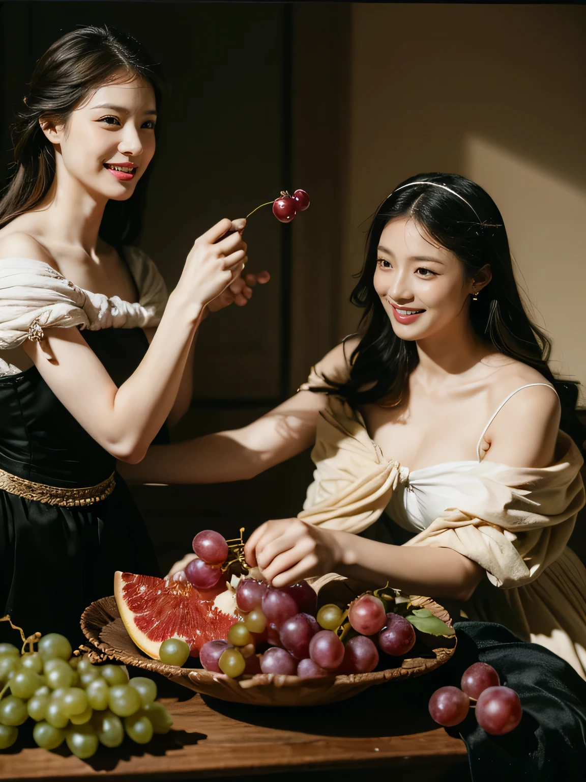 full body portrait ,fruit,grapes,rosa,antique,laughter,,sweet and enchanting appearance.、caravaggioの絵画、caravaggio&#39;chiaroscuro,Two women having fun,cute smile, expression of ecstasy