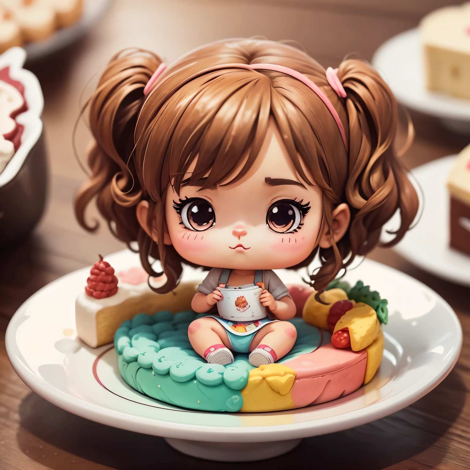 Photoreal、anime character（chibi girl、The lines are thick、Deformed）There is a whole cake with a picture of、Whipped cream