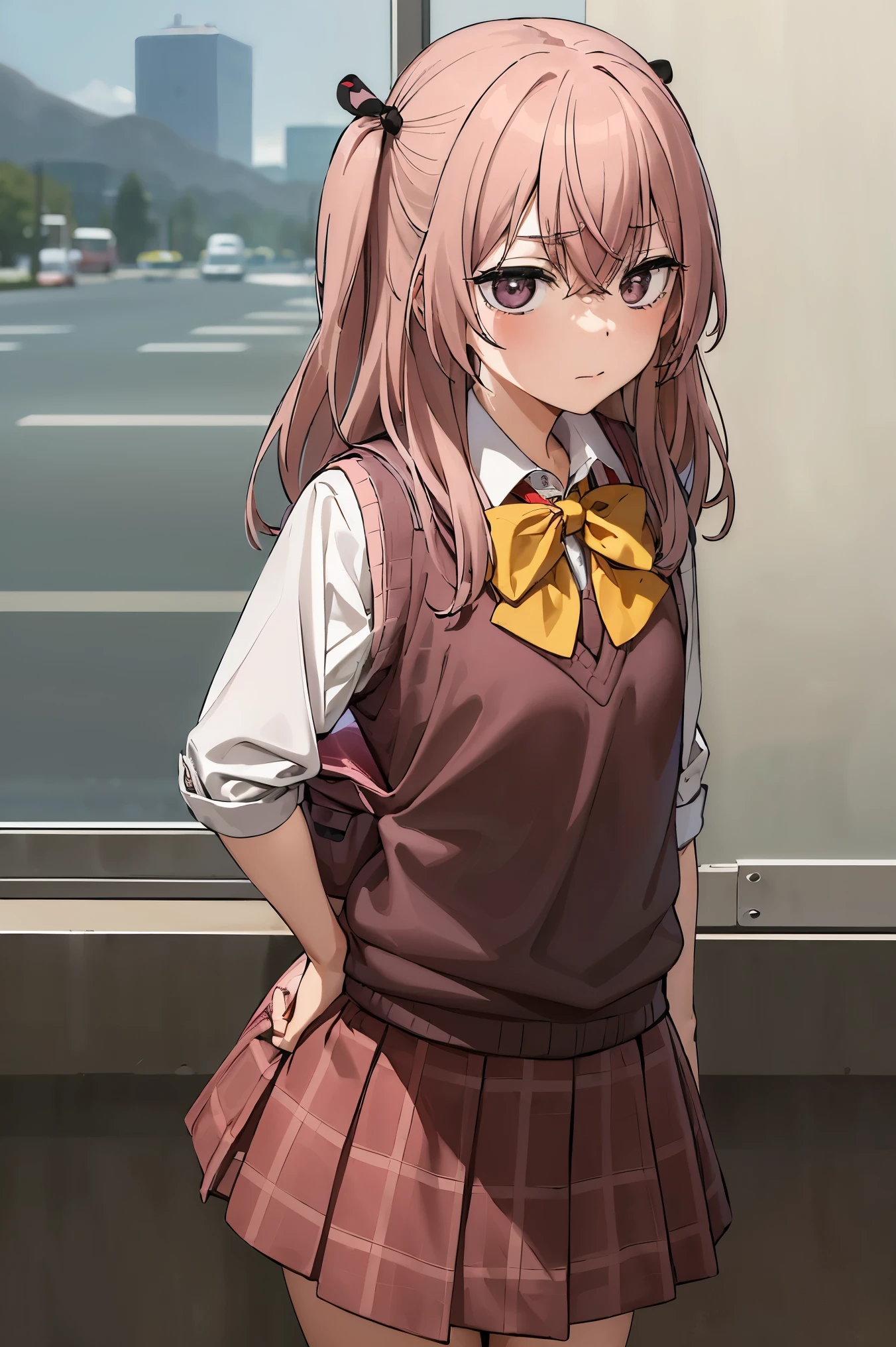 best quality, (masterpiece:1.2), detailed,
inui sajuna juju,
1girl, solo, closed mouth,
pink hair, pink eyes, long hair, two side up,
school uniform, sweater vest, black vest, red sailor collar, red skirt, yellow bow,
standing, (from angle:1.4), looking at the viewer,
outdoors, in front of school