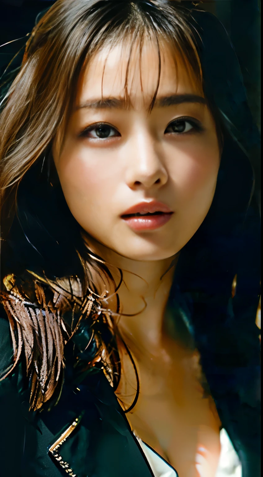 dark and gloomy, 8k, Close-up of a 30-year-old brunette Brazilian businessman on a dark background at night, (Real dark brown hair is straight、there are waves of light) , compensate, red lips, brown eyes, (Wearing a black Chanel tailored blazer, Black silk blouse and black straight pants), looking confident, surreal, {girl with very beautiful olive skin}, (highly detailed skin: 1.2) {{{masterpiece}}}, realistic texture, dynamic composition, Fujifilm XT2, 85mm F1.2, shutter speed 1/80, (Bokeh), high contrast、