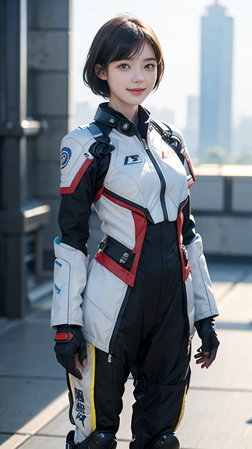 163
Shorthair, (a 20 yo woman, standing), A hyper-realistic, gentle smile, sci-fi cool suit, (口紅), futuristic fighter aircraft