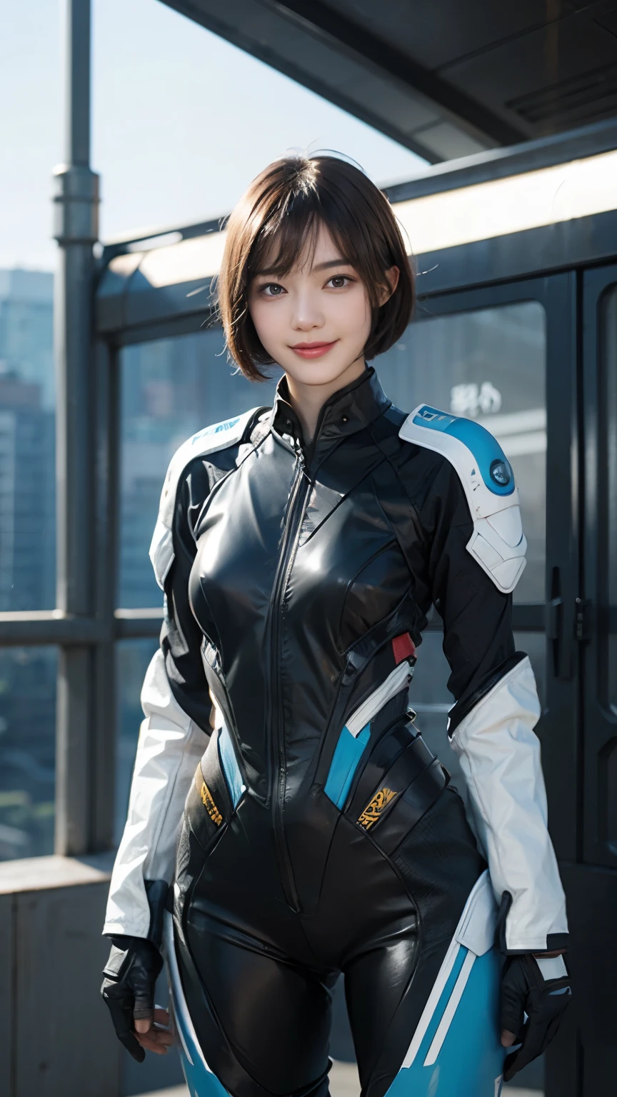 163
Shorthair, (a 20 yo woman, standing), A hyper-realistic, gentle smile, sci-fi cool suit, (口紅), futuristic fighter aircraft