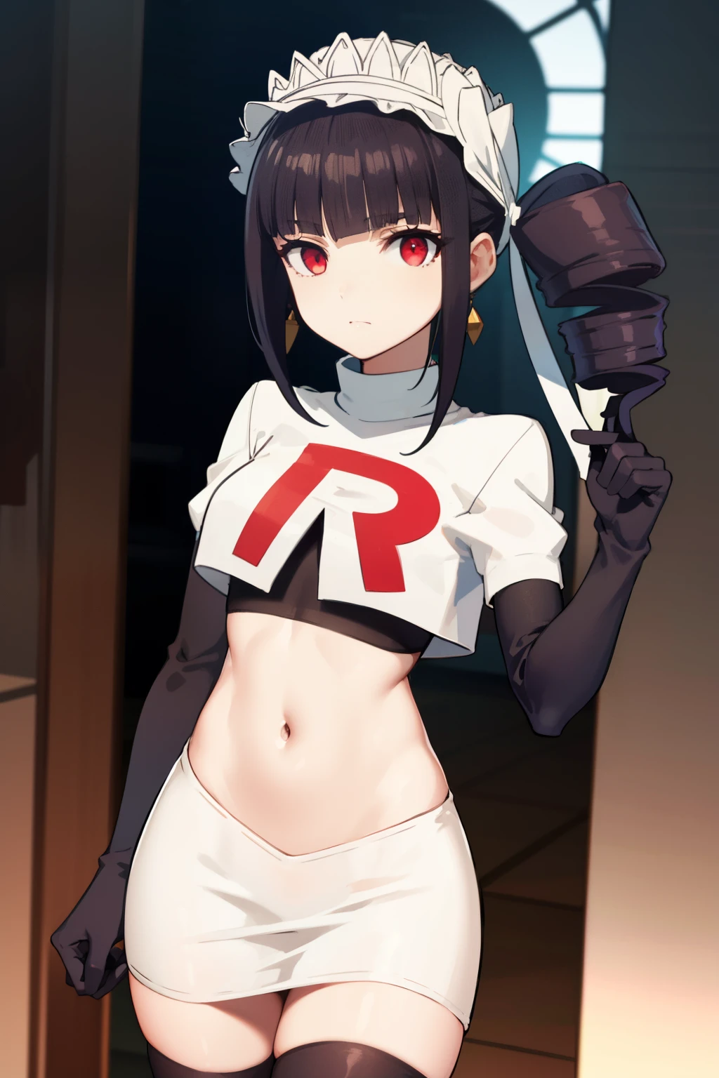 celestialudenberg, celestia ludenberg, long hair, bangs, black hair, (red eyes:1.3), long sleeves, twintails, drill hair, twin drills,
BREAK jewelry, earrings, bonnet, team rocket,team rocket uniform,white skirt,red letter R,crop top,black thigh-highs,black elbow gloves
BREAK looking at viewer, (cowboy shot:1.5),
BREAK (masterpiece:1.2), best quality, high resolution, unity 8k wallpaper, (illustration:0.8), (beautiful detailed eyes:1.6), extremely detailed face, perfect lighting, extremely detailed CG, (perfect hands, perfect anatomy),