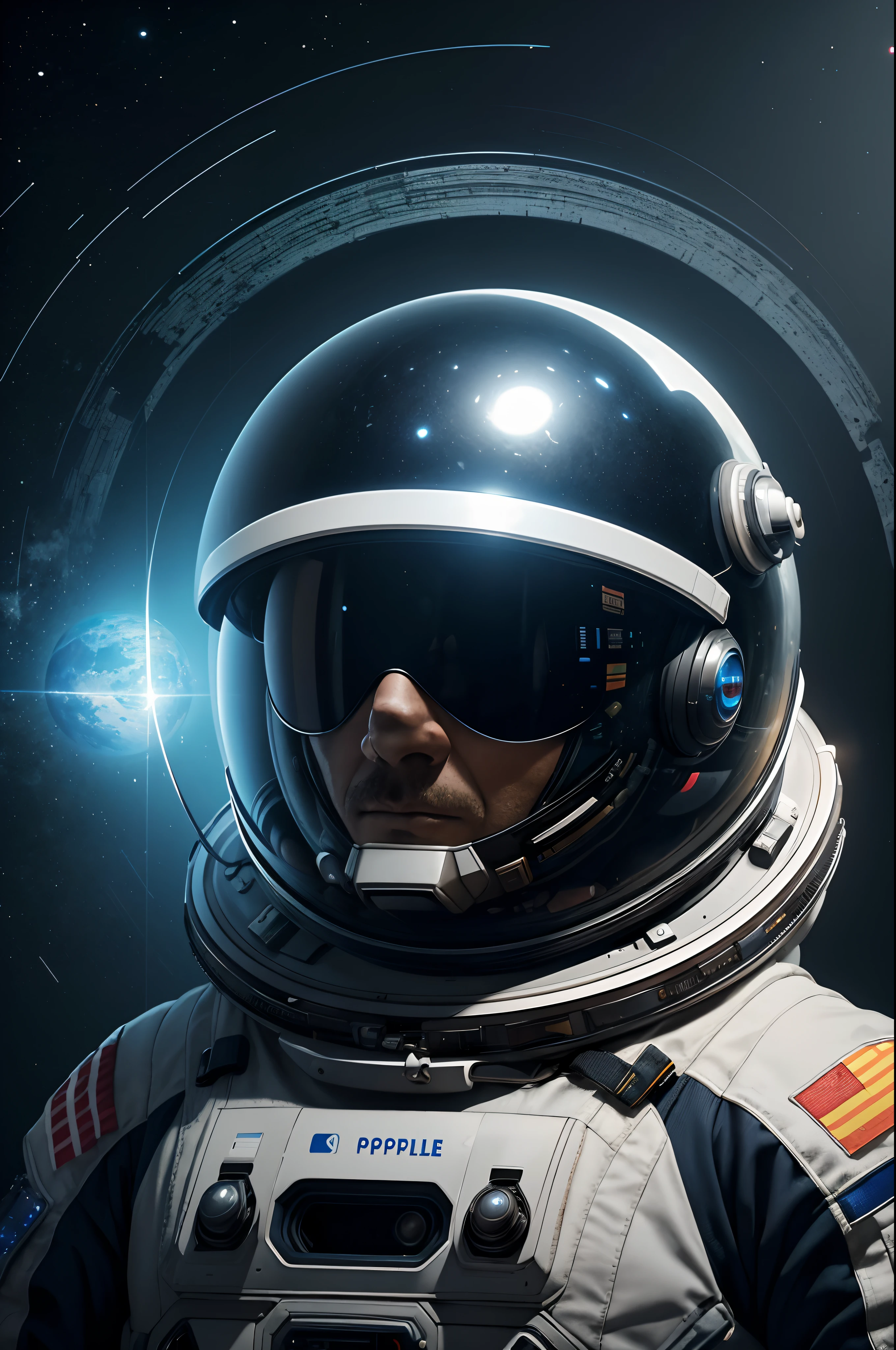 um homem em um traje espacial com um planeta ao fundo, bipe!!, realismo | bipe, bipe colors, bipe masterpiece, style hybrid mix of bipe, bipe artwork, bipe art, bipe daily art, bipe. hiperrealismoo, electric cyberpunk astronaut, bipe style