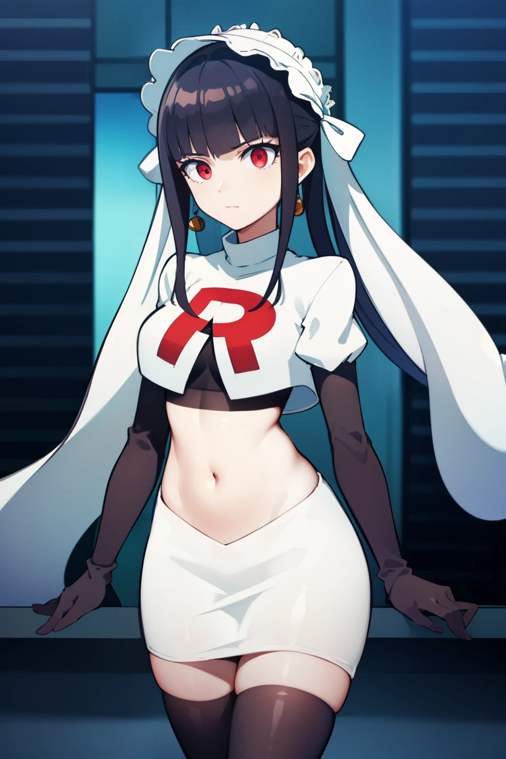 celestialudenberg, celestia ludenberg, long hair, bangs, black hair, (red eyes:1.3), long sleeves, twintails, drill hair, twin drills,
BREAK jewelry, earrings, bonnet, team rocket,team rocket uniform,white skirt,red letter R,crop top,black thigh-highs,black elbow gloves
BREAK looking at viewer, (cowboy shot:1.5),
BREAK (masterpiece:1.2), best quality, high resolution, unity 8k wallpaper, (illustration:0.8), (beautiful detailed eyes:1.6), extremely detailed face, perfect lighting, extremely detailed CG, (perfect hands, perfect anatomy),