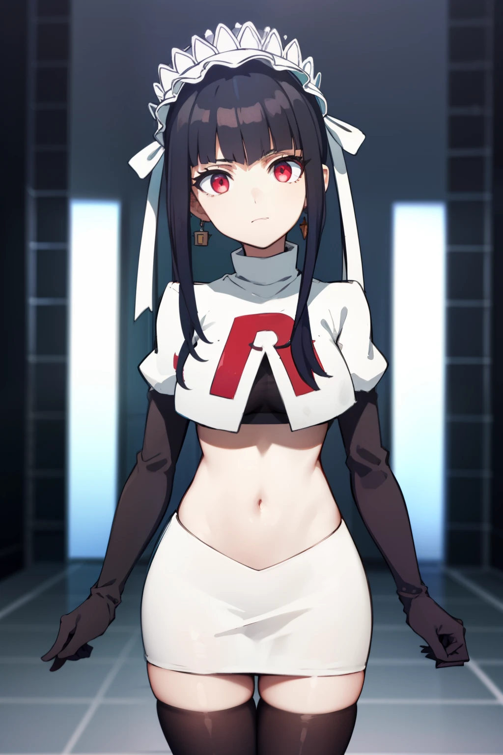 celestialudenberg, celestia ludenberg, long hair, bangs, black hair, (red eyes:1.3), long sleeves, twintails, drill hair, twin drills,
BREAK jewelry, earrings, bonnet, team rocket,team rocket uniform,white skirt,red letter R,crop top,black thigh-highs,black elbow gloves
BREAK looking at viewer, (cowboy shot:1.5),
BREAK (masterpiece:1.2), best quality, high resolution, unity 8k wallpaper, (illustration:0.8), (beautiful detailed eyes:1.6), extremely detailed face, perfect lighting, extremely detailed CG, (perfect hands, perfect anatomy),