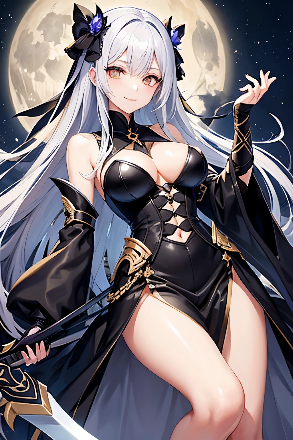 A beautiful girl with a death scythe in her right hand、Executioners、She has silver hair that is dyed black towards the tips.、Golden eyes emit a mysterious light、Wearing a black mysterious robe、wearing a white skirt、The moonlight shines behind me、smiling shyly、flipping up one's skirt、Crescent moon emblem on the forehead