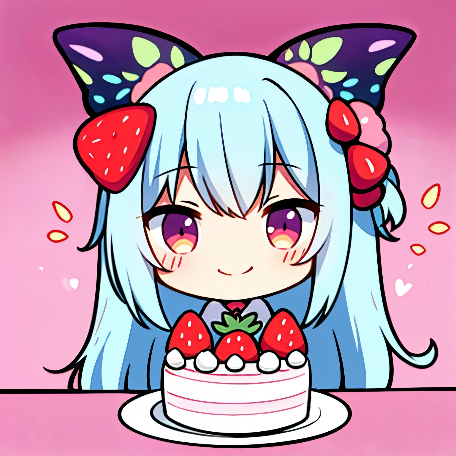 anime character(chibi girl、smile、butterfly hair ornament)There is a whole cake with、colorful、flashy、strawberry、fruits、Whipped cream