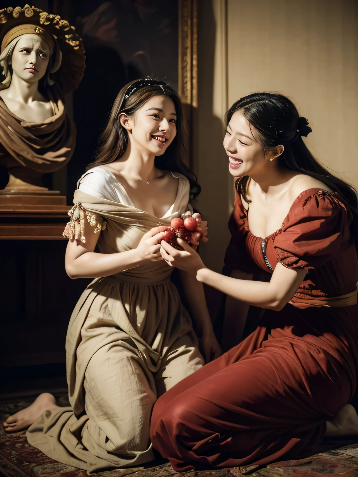 full body portrait ,fruit,grapes,rosa,antique,laughter,,sweet and enchanting appearance.、caravaggioの絵画、caravaggio'chiaroscuro,Two women having fun,cute smile, expression of ecstasy