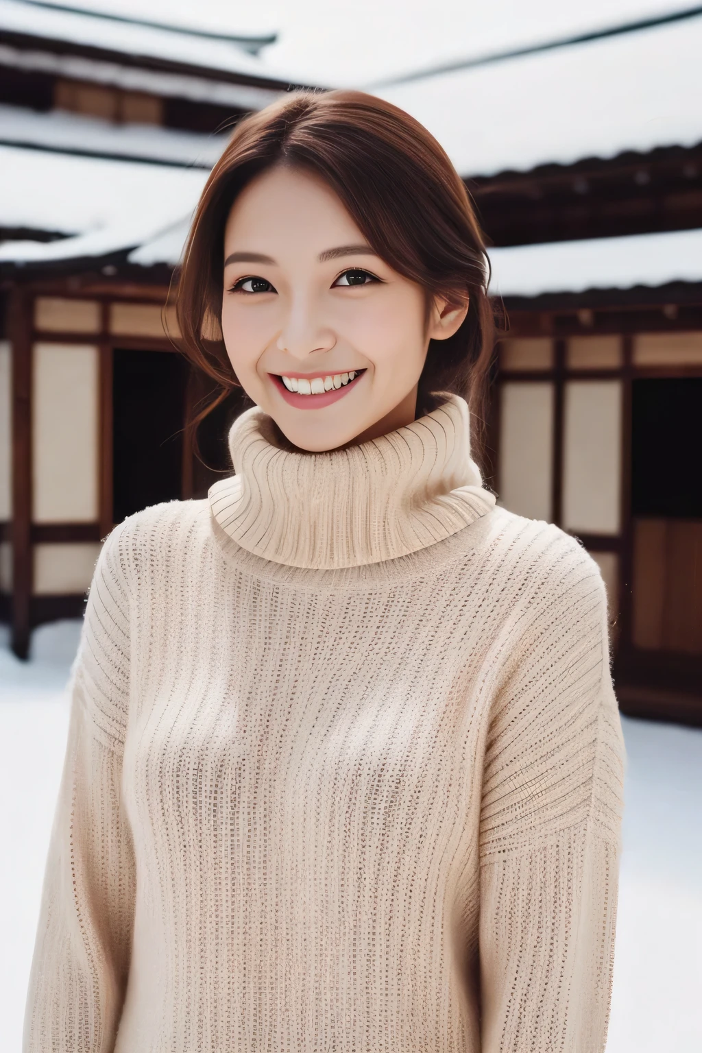 hostess face、turtleneck wool sweater、high quality、surreal、healthy、smile、Slender perfect figure、beauty of japan、 perfect eyes、beautiful skin、Upper body、snow town