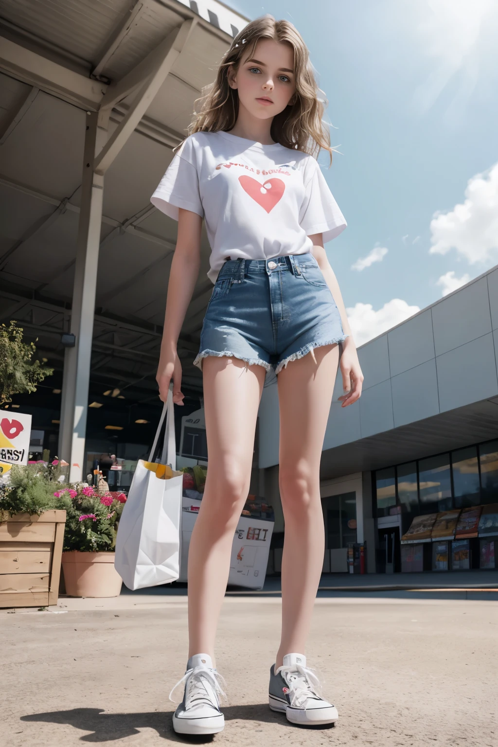masterpiece, best quality, hyperrealistic, cinematic photo, girl, pale skin, American amazing slim body, ((White t-shirt with a heart on it)), ((denim shorts)), converse shoes, short brown wavy hair, perfect slender legs, wide hips, perfect hands, beautiful face, perfect face, youthful, (blured background), modern style, from below, (low-angle shoot), low_angle_human, towering, (full body shot), standing, underneath shot, (view viewer), looking at viewer,(8k, epic composition, photorealistic, sharp focus), detailed background, ((Outside a supermarket)), DSLR, foil grain