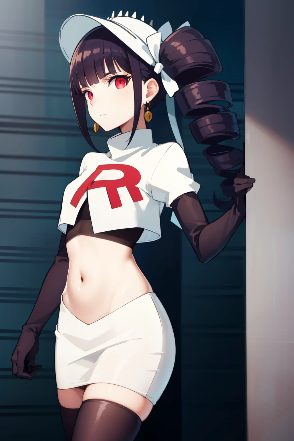 celestialudenberg, celestia ludenberg, long hair, bangs, black hair, (red eyes:1.3), long sleeves, twintails, drill hair, twin drills,
BREAK jewelry, earrings, bonnet, team rocket,team rocket uniform,white skirt,red letter R,crop top,black thigh-highs,black elbow gloves
BREAK looking at viewer, (cowboy shot:1.5),
BREAK (masterpiece:1.2), best quality, high resolution, unity 8k wallpaper, (illustration:0.8), (beautiful detailed eyes:1.6), extremely detailed face, perfect lighting, extremely detailed CG, (perfect hands, perfect anatomy),