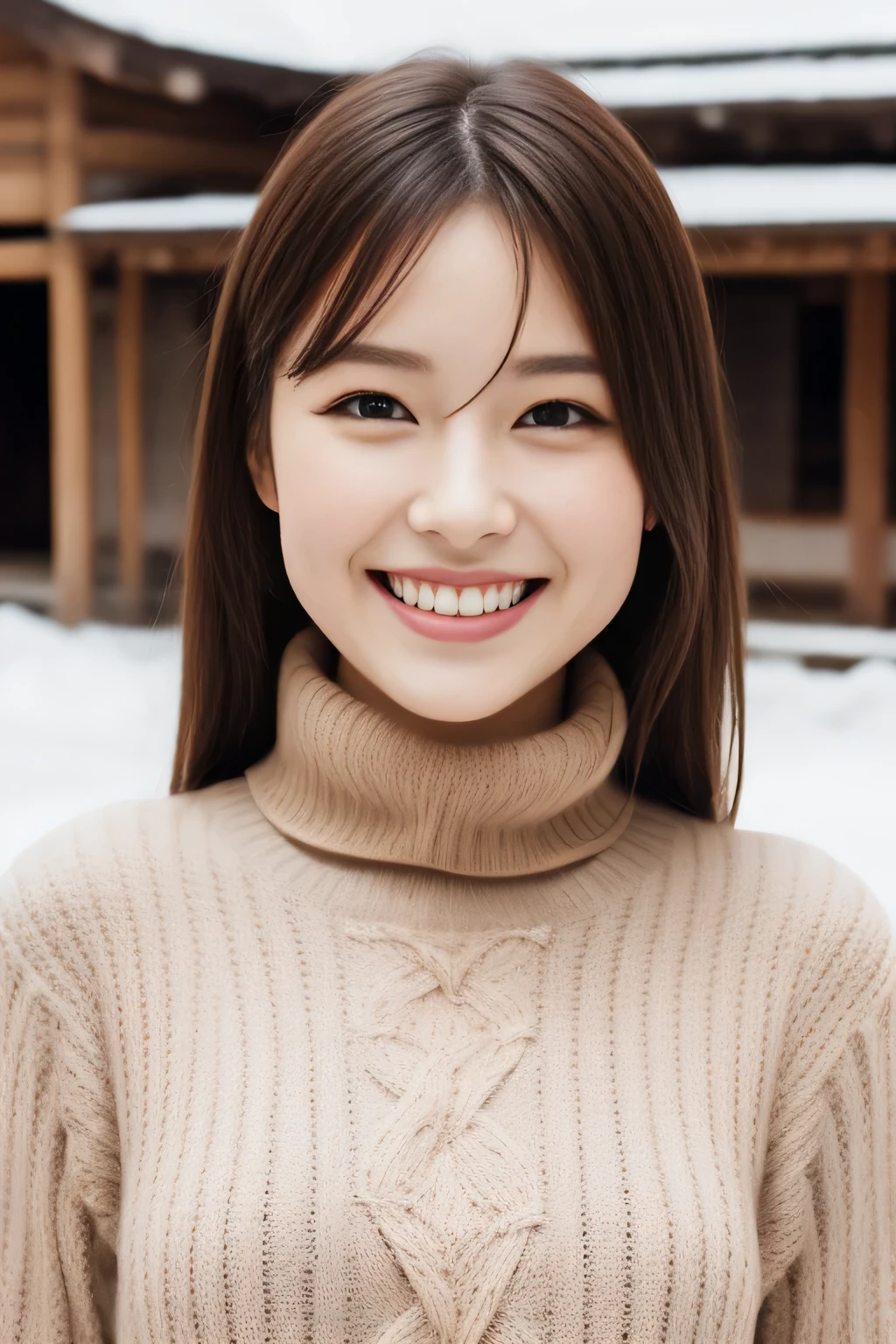 hostess face、turtleneck wool sweater、high quality、surreal、healthy、smile、Slender perfect figure、beauty of japan、 perfect eyes、beautiful skin、Upper body、snow town