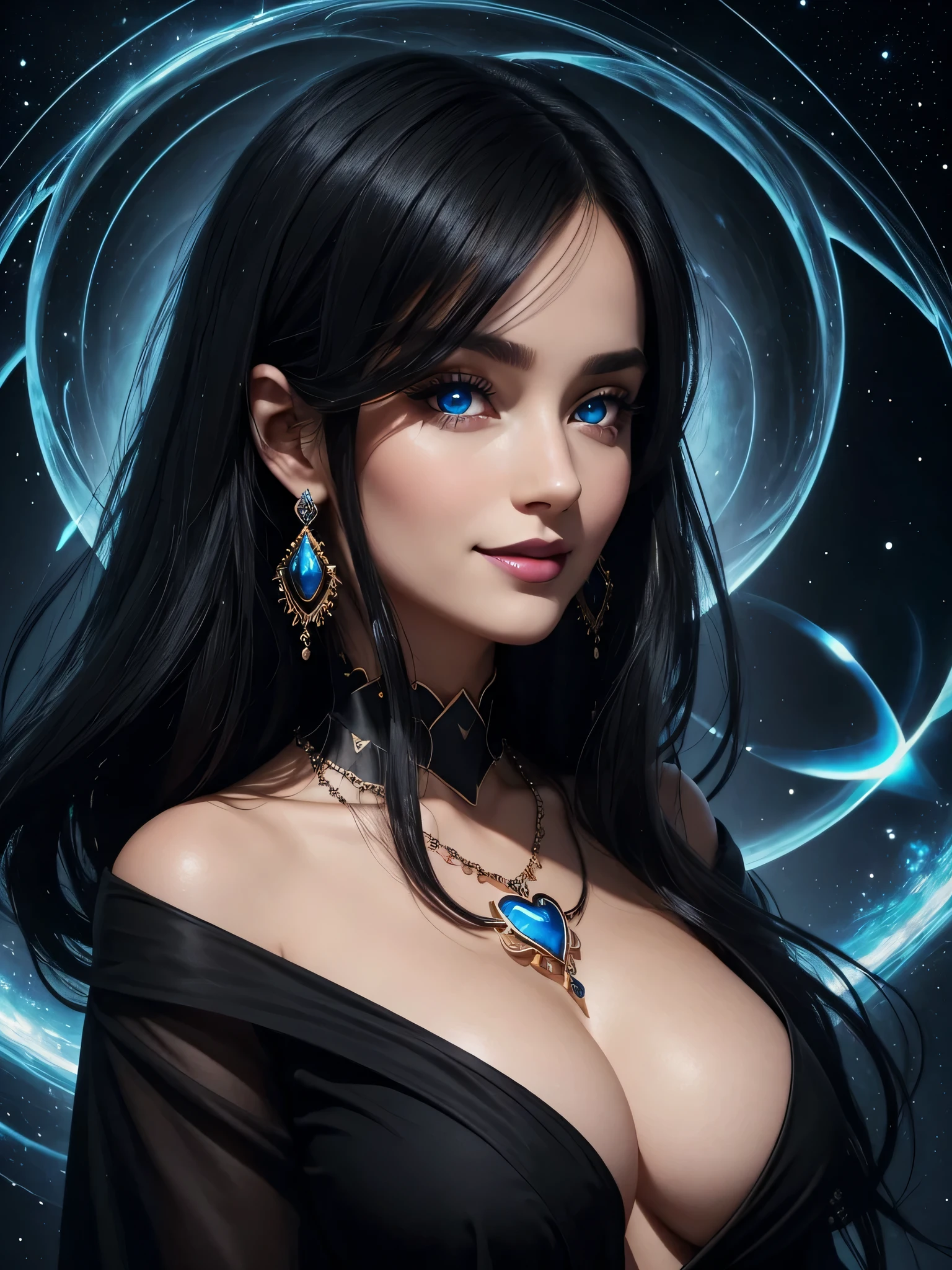 Portrait, beautiful woman with black hair and a silky black dress, wearing a large heart-shaped necklace, hourglass figure, symmetrical figure, highly detailed face, beautiful face, calming blue eyes, lush black lips, smiling, alluring, stunning digital illustration, mysterious quantum environment, cosmic elements and ethereal atmosphere