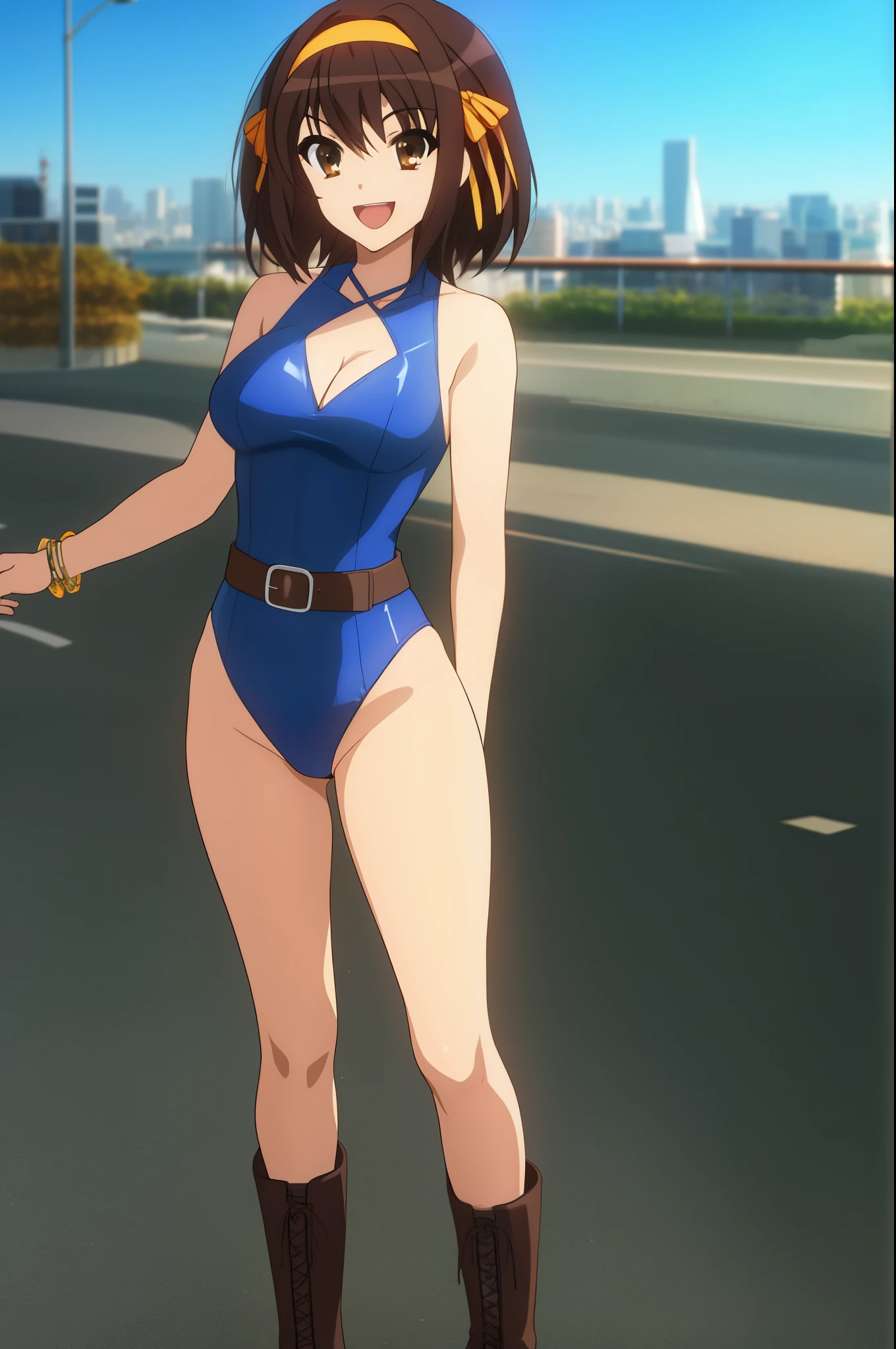 1girl, medium breasts, leotard, blue and red leotard, tight belt, bare legs, boots, matching boots, bracelets, city backdrop, solo, single, standing, full body shot, cowboy shot, beautiful detailed eyes, haruhi, looking_at_viewer, smile, short_hair, open_mouth, bangs, brown_hair, ribbon, cleavage, brown_eyes, hair_ribbon, :d, hairband, medium_hair, v-shaped_eyebrows, orange_hairband