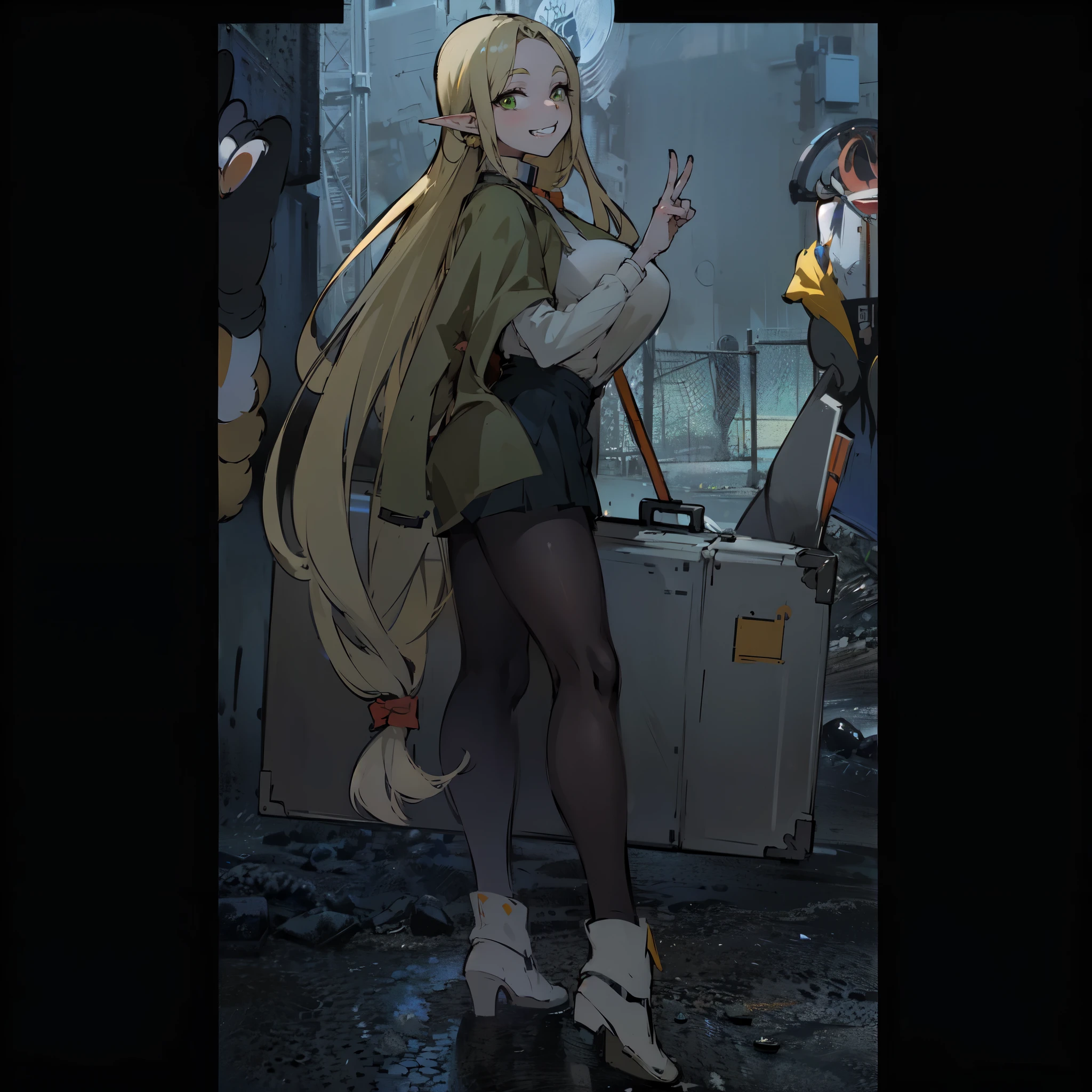 anime image of a blonde female elf making peace sign and smiling at the viewer, very long hair, carrying a huge metal suitcase, green eyes, epic anime style, zerochan, girls frontline style, anime catgirl, pixiv contest winner, advanced digital anime art ”, very modern anime style, modern anime style, neko, anime style”, happy!!!