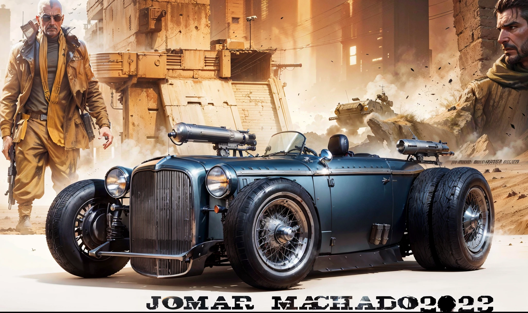A fully armed convertible car with machine guns and missiles in the foreground, No fundo, homens soldados em uniformes de guerra e um close de um piloto ao estilo de Harrison Ford em Blade Runner