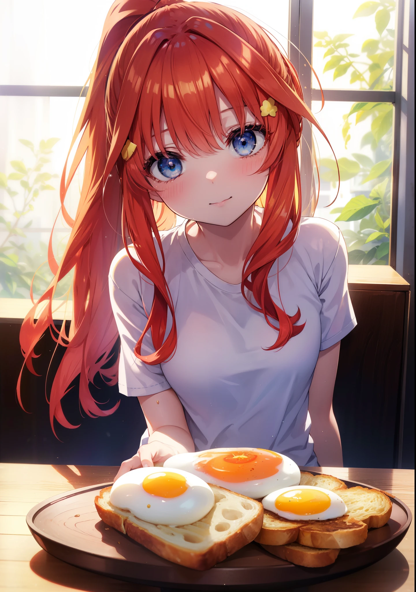 itsukinakano, Itsuki Nakano, bangs, blue eyes, hair between eyes, Ahoge, long hair,ponytail,redhead,blush,smile, T-shirt,shorts,There are fried eggs, toasted bread, and a coffee mug on the table.,breakfast,sitting in a chair,Sunlight from the window,
break indoors,dining,
break (masterpiece:1.2), highest quality, High resolution, unity 8k wallpaper, (shape:0.8), (fine and beautiful eyes:1.6), highly detailed face, perfect lighting, Very detailed CG, (perfect hands, perfect anatomy),
