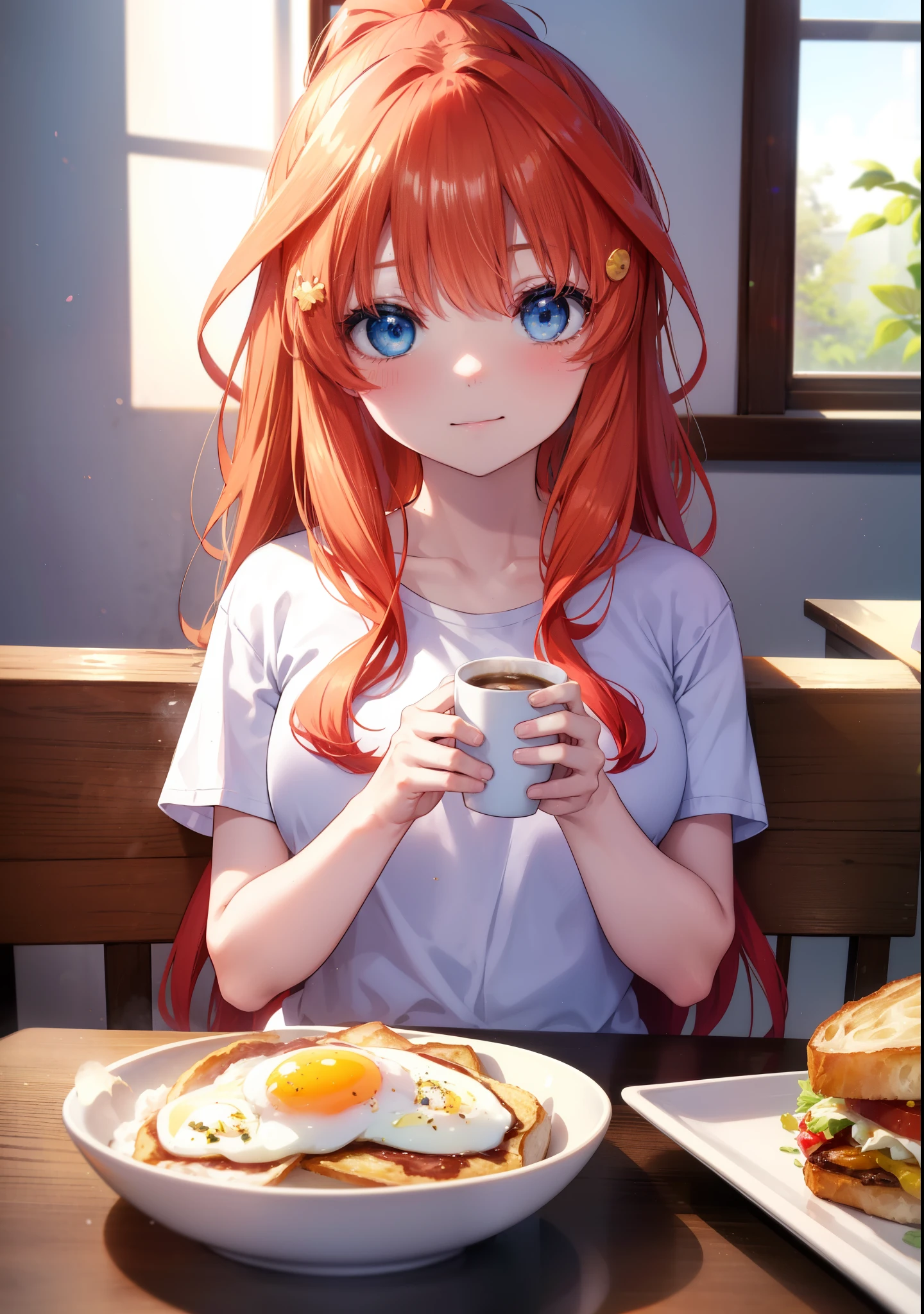 itsukinakano, Itsuki Nakano, bangs, blue eyes, hair between eyes, Ahoge, long hair,ponytail,redhead,blush,smile, T-shirt,shorts,There are fried eggs, toasted bread, and a coffee mug on the table.,breakfast,sitting in a chair,Sunlight from the window,
break indoors,dining,
break (masterpiece:1.2), highest quality, High resolution, unity 8k wallpaper, (shape:0.8), (fine and beautiful eyes:1.6), highly detailed face, perfect lighting, Very detailed CG, (perfect hands, perfect anatomy),