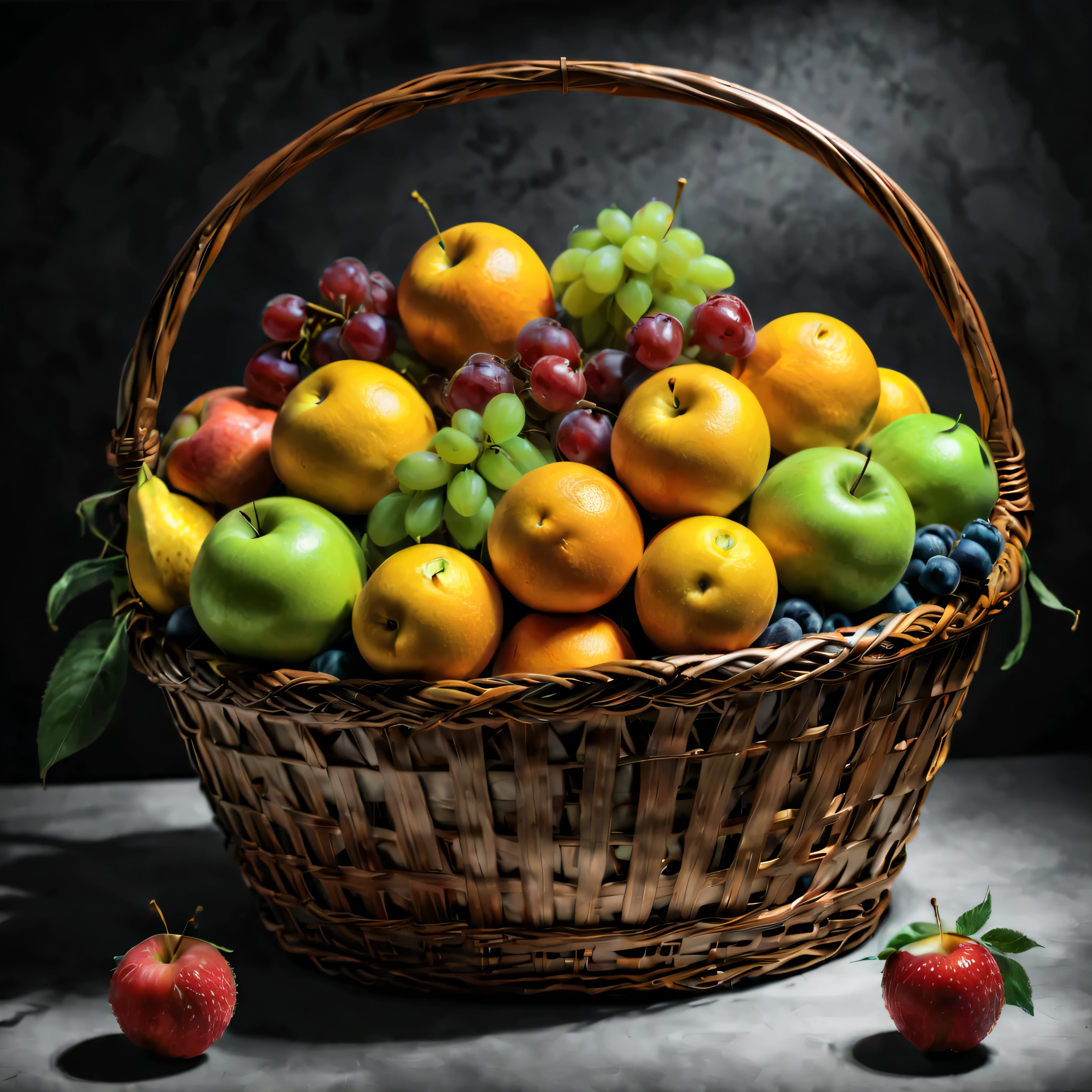 ((Selective color)), Drawing of Delightful Colorful Fruit in a basket, smooth lines, fine art piece, Express expressions and postures through ink contrast, emphasize light, shadow and space. figurative art, (best quality, 4K, 8k, high resolution,masterpiece:1.2) ,(actual, photoactual, photo-actual:1.37). 