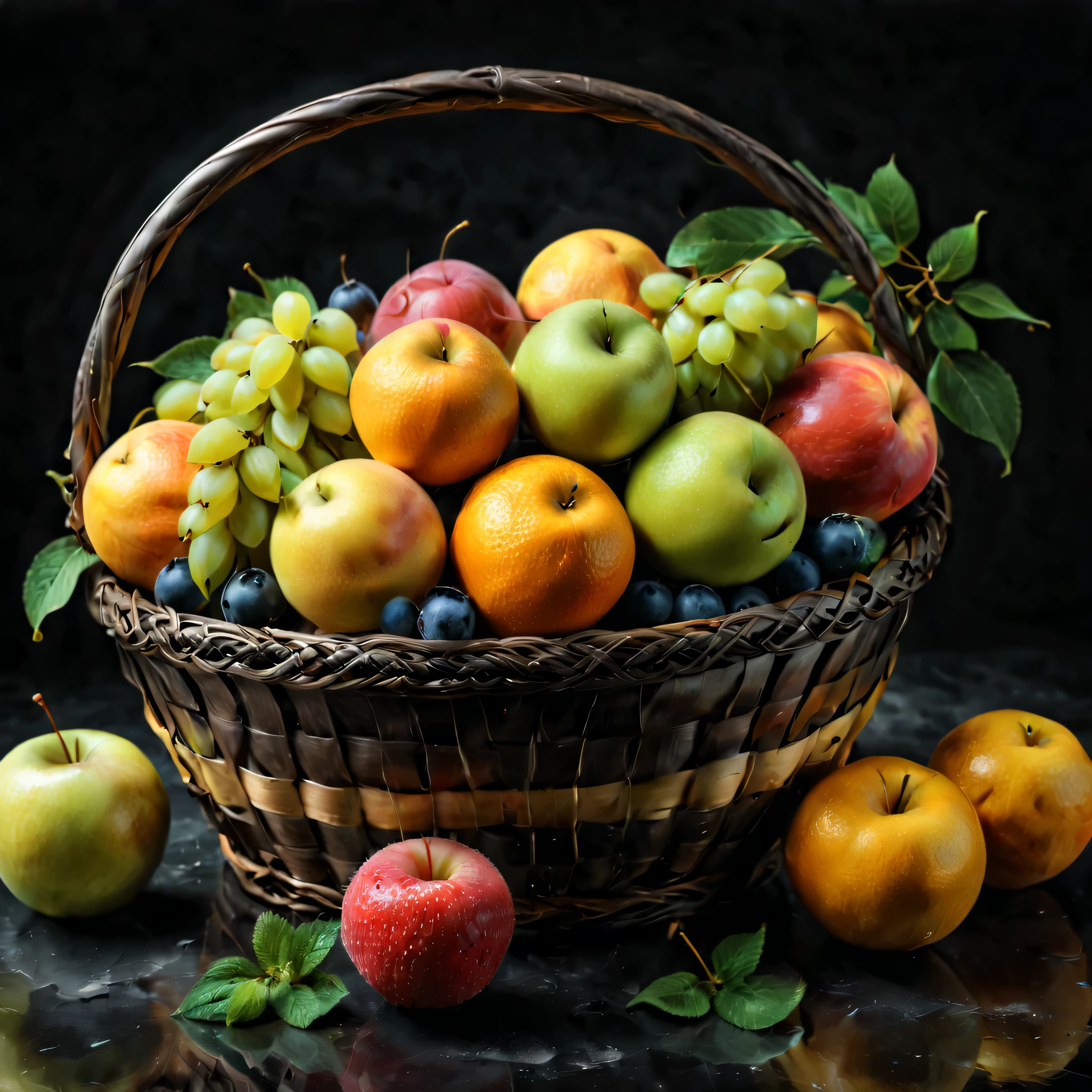 ((Selective color)), Drawing of Delightful Colorful Fruit in a basket, smooth lines, fine art piece, Express expressions and postures through ink contrast, emphasize light, shadow and space. figurative art, (best quality, 4K, 8k, high resolution,masterpiece:1.2) ,(actual, photoactual, photo-actual:1.37). 
