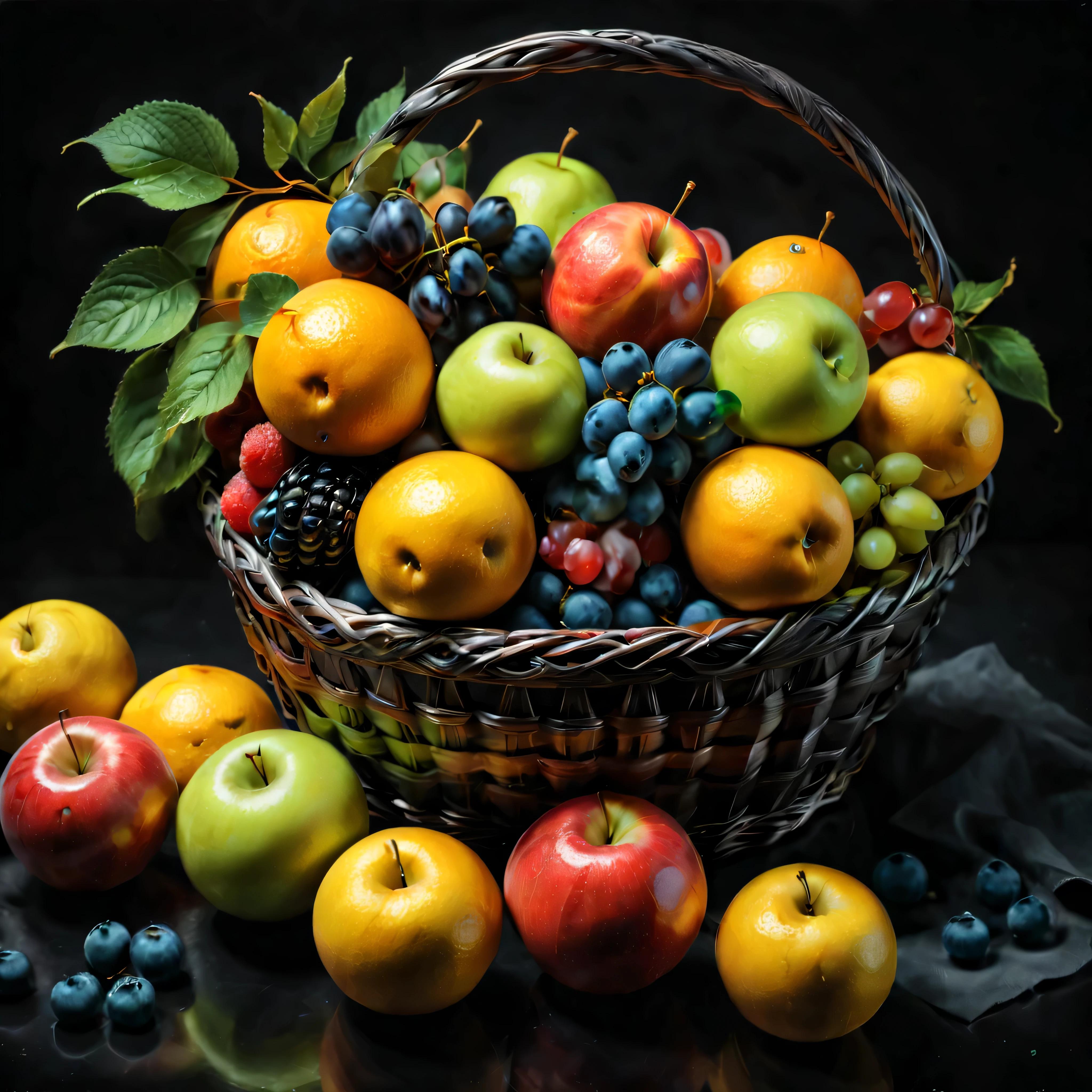 ((Selective color)), Drawing of Delightful Colorful Fruit in a basket, smooth lines, fine art piece, Express expressions and postures through ink contrast, emphasize light, shadow and space. figurative art, (best quality, 4K, 8k, high resolution,masterpiece:1.2) ,(actual, photoactual, photo-actual:1.37). 