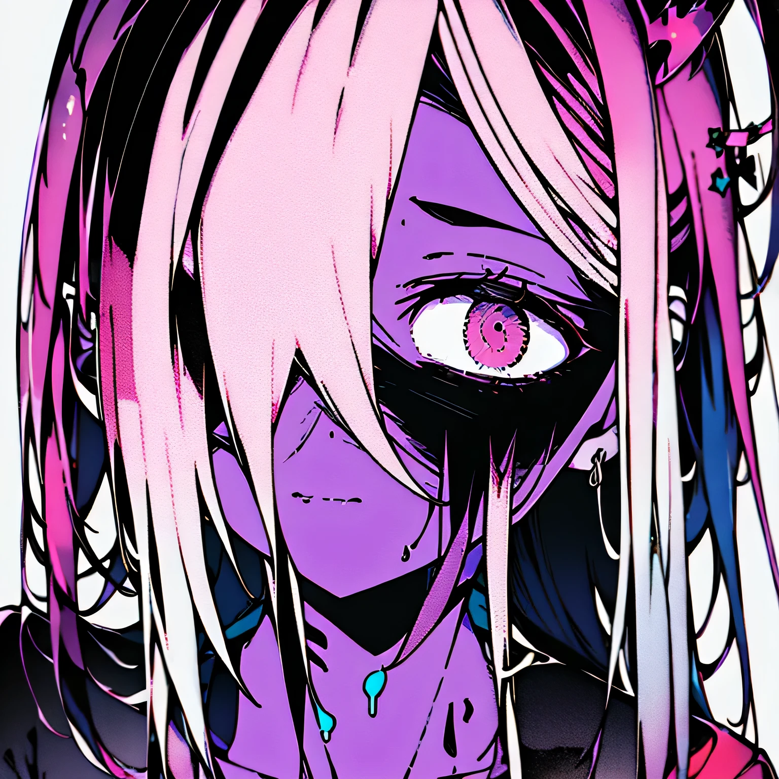 "High quality dark horror pfp with an anime aesthetic. Intense psychological horror vibes with detailed breakcore-inspired eyes. Incorporate abstract elements and emphasize red tones. Characters with white hair and intense orange eyes."