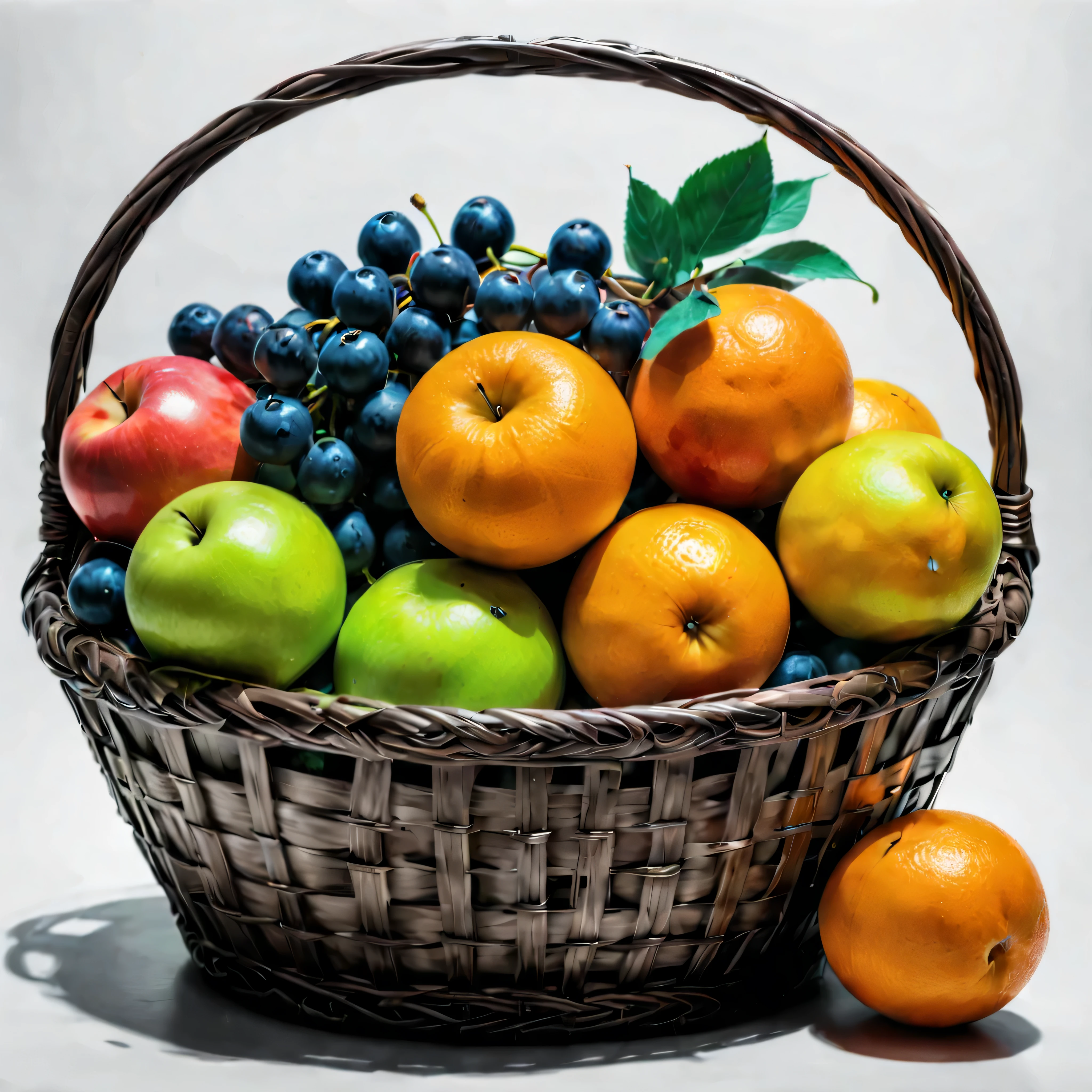 ((Selective color)), Drawing of Delightful Colorful Fruit in a basket, smooth lines, fine art piece, Express expressions and postures through ink contrast, emphasize light, shadow and space. figurative art, (best quality, 4K, 8k, high resolution,masterpiece:1.2) ,(actual, photoactual, photo-actual:1.37). 