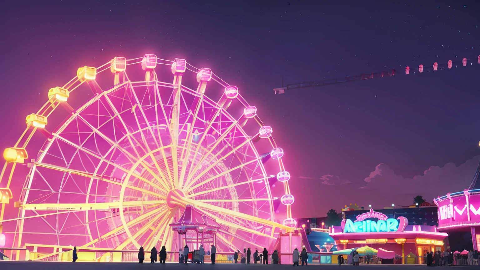 (big amusement park), (very pink night sky), (several pink neons), well lit