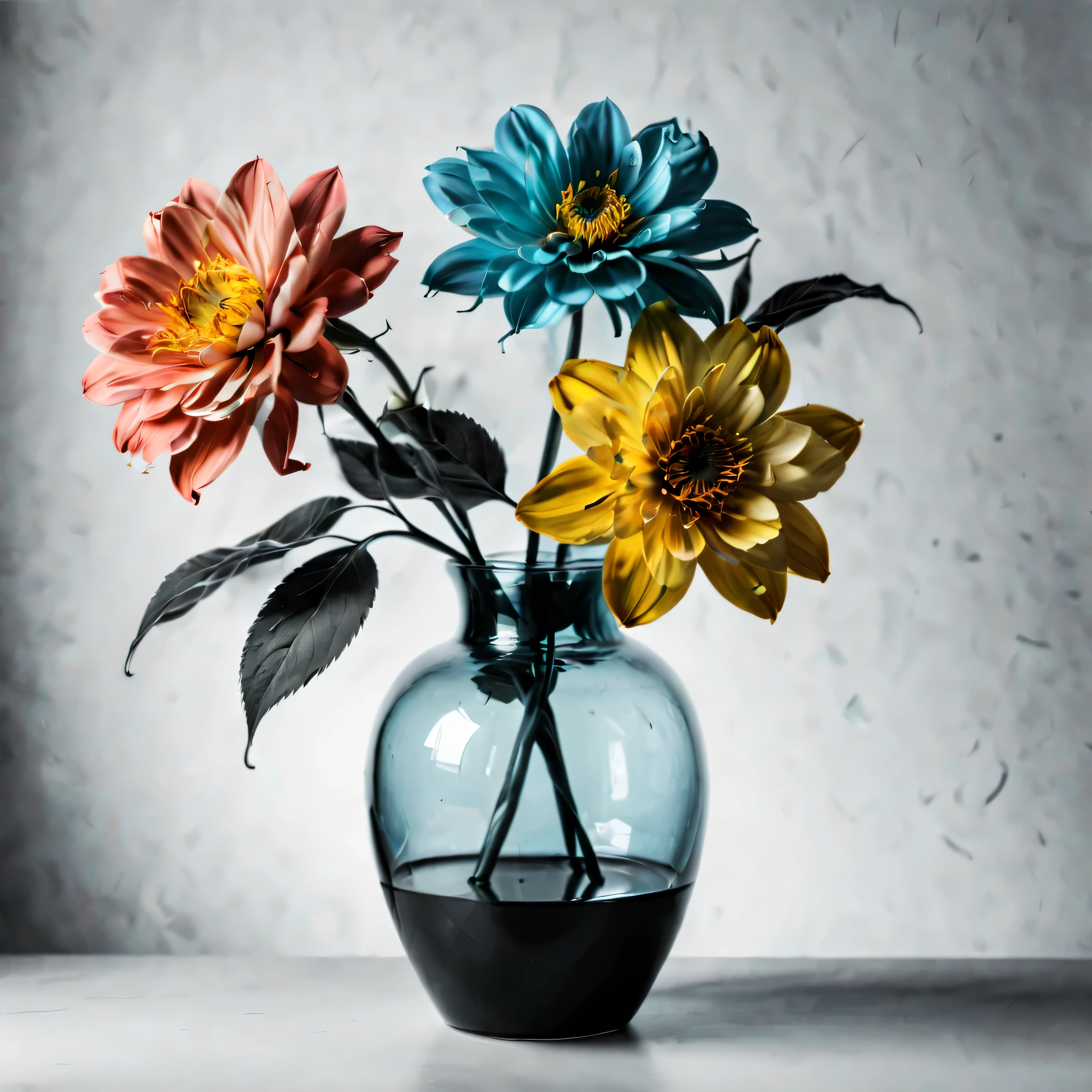 ((Selective color)), Drawing of Delightful Colorful Flower in a vase, smooth lines, fine art piece, Express expressions and postures through ink contrast, emphasize light, shadow and space. figurative art, (best quality, 4K, 8k, high resolution,masterpiece:1.2) ,(actual, photoactual, photo-actual:1.37). 