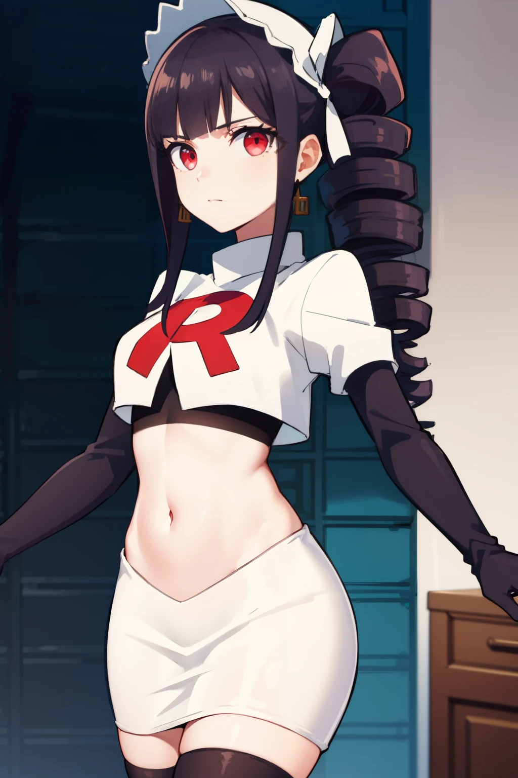 celestialudenberg, celestia ludenberg, long hair, bangs, black hair, (red eyes:1.3), long sleeves, twintails, drill hair, twin drills,
BREAK jewelry, earrings, bonnet, team rocket,team rocket uniform,white skirt,red letter R,crop top,black thigh-highs,black elbow gloves
BREAK looking at viewer, (cowboy shot:1.5),
BREAK (masterpiece:1.2), best quality, high resolution, unity 8k wallpaper, (illustration:0.8), (beautiful detailed eyes:1.6), extremely detailed face, perfect lighting, extremely detailed CG, (perfect hands, perfect anatomy),