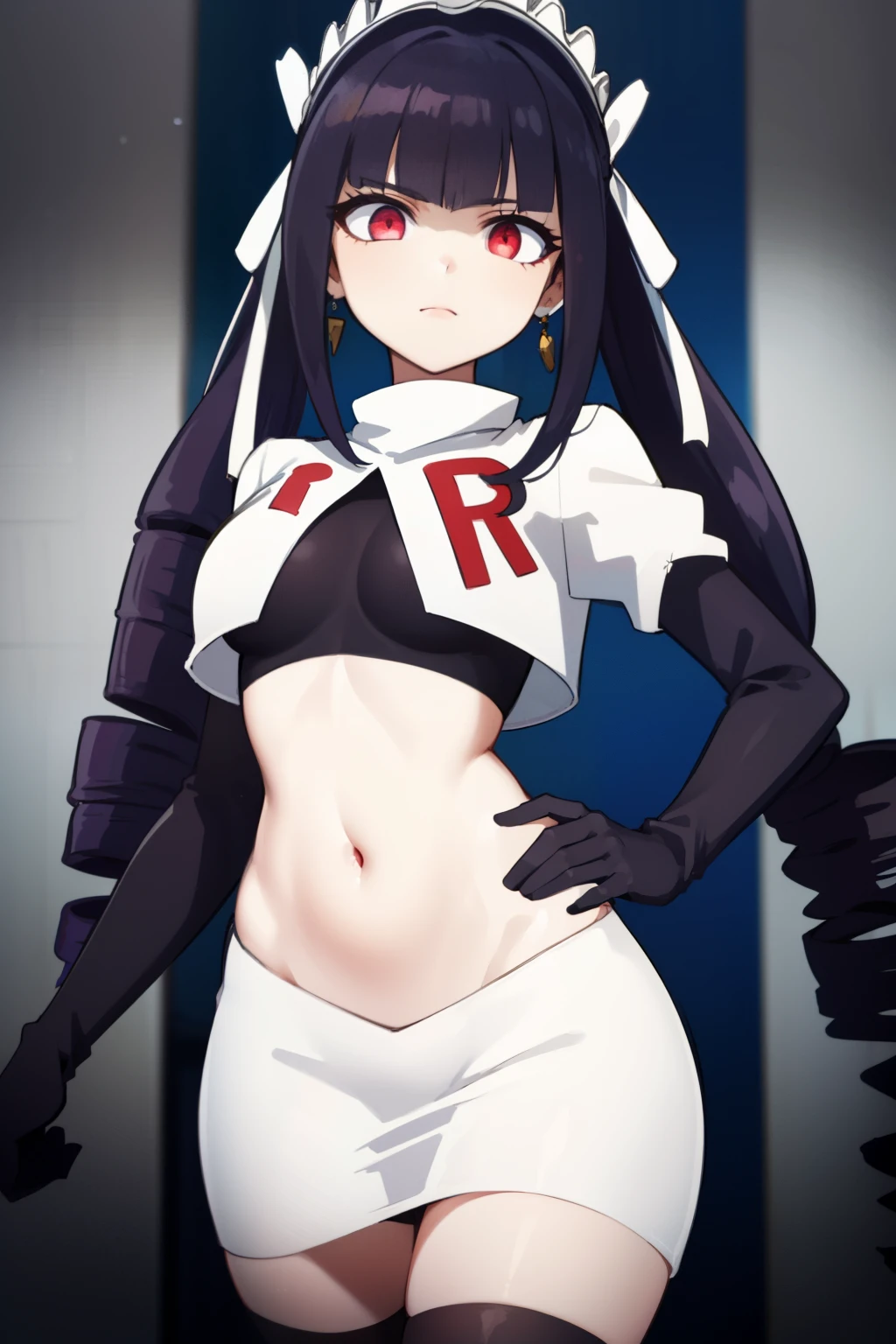 celestialudenberg, celestia ludenberg, long hair, bangs, black hair, (red eyes:1.3), long sleeves, twintails, drill hair, twin drills,
BREAK jewelry, earrings, bonnet, team rocket,team rocket uniform,white skirt,red letter R,crop top,black thigh-highs,black elbow gloves
BREAK looking at viewer, (cowboy shot:1.5),
BREAK (masterpiece:1.2), best quality, high resolution, unity 8k wallpaper, (illustration:0.8), (beautiful detailed eyes:1.6), extremely detailed face, perfect lighting, extremely detailed CG, (perfect hands, perfect anatomy),