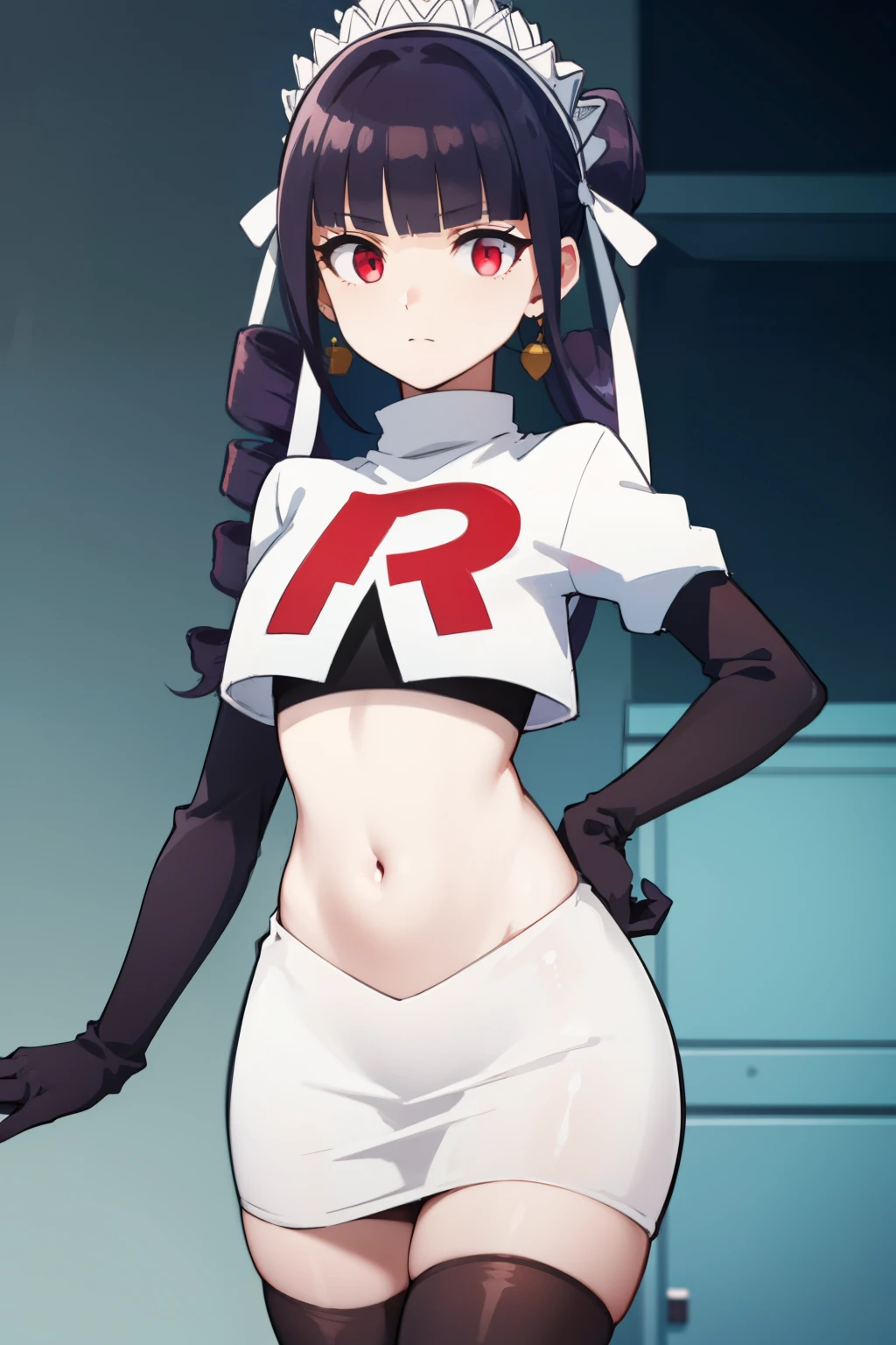 celestialudenberg, celestia ludenberg, long hair, bangs, black hair, (red eyes:1.3), long sleeves, twintails, drill hair, twin drills,
BREAK jewelry, earrings, bonnet, team rocket,team rocket uniform,white skirt,red letter R,crop top,black thigh-highs,black elbow gloves
BREAK looking at viewer, (cowboy shot:1.5),
BREAK (masterpiece:1.2), best quality, high resolution, unity 8k wallpaper, (illustration:0.8), (beautiful detailed eyes:1.6), extremely detailed face, perfect lighting, extremely detailed CG, (perfect hands, perfect anatomy),