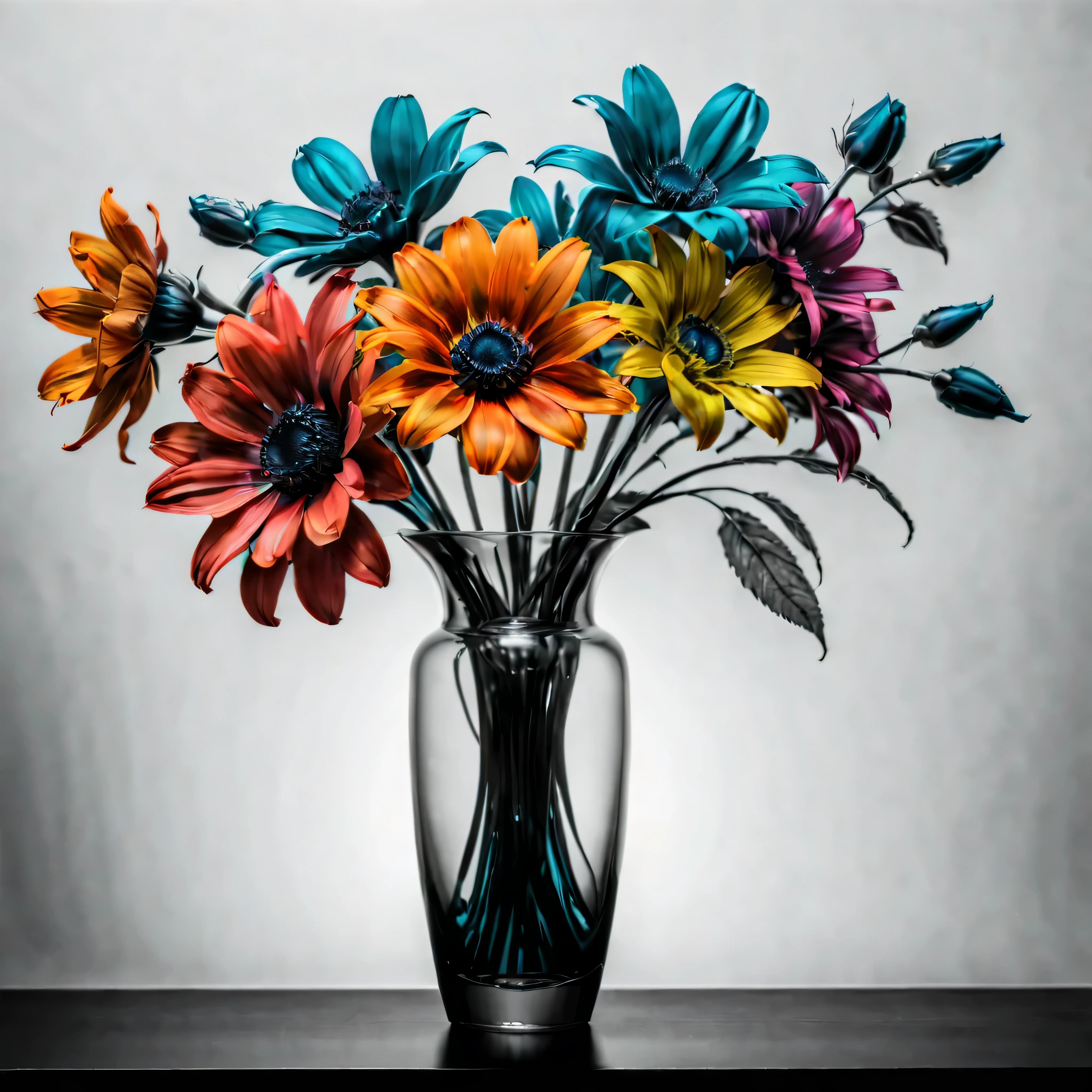 ((Selective color)), Drawing of Delightful Colorful Flower in a vase, smooth lines, fine art piece, Express expressions and postures through ink contrast, emphasize light, shadow and space. figurative art, (best quality, 4K, 8k, high resolution,masterpiece:1.2) ,(actual, photoactual, photo-actual:1.37). 