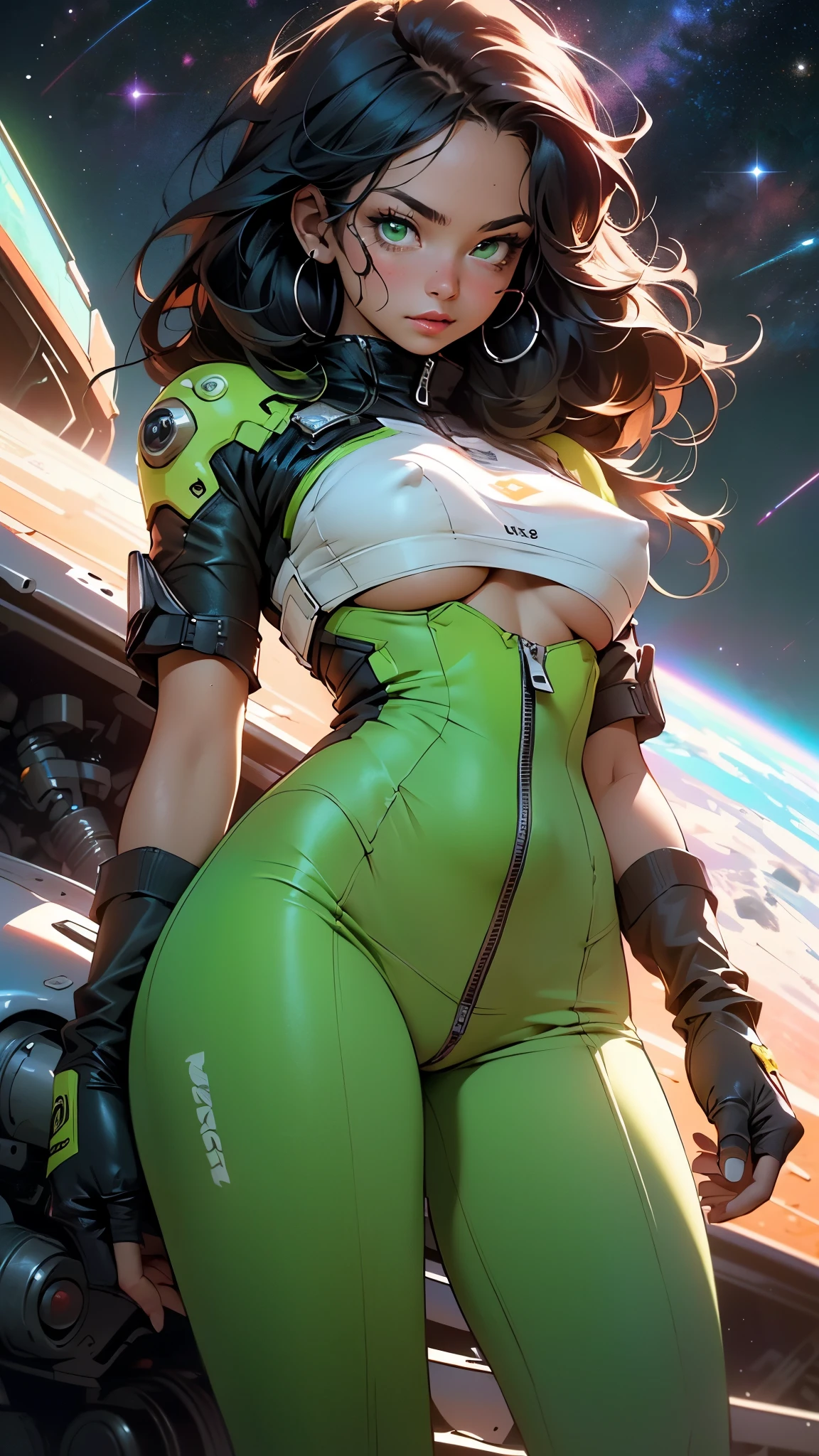 girl spacepunk,(((1girl))),((beautiful girl with spacesuit)),woman,1female,((milf,mom,mature,mature woman,45 years old female,adult)),

(large breasts:1.4),saggy breasts,(((dark hair:1.4,straight hair,long hair:1.4,colored inner hair))),(((green_eyes:1.3))),intricate eyes,beautiful detailed eyes,symmetrical eyes,((fat)),(((lustrous skin:1.5,bright skin: 1.5,skin tanned,shiny skin,very shiny skin,shiny body,plastic glitter skin,exaggerated shiny skin,illuminated skin,wet legs))),(spider lower abdomen,narrow waist,wide hip,imbo body,inflated legs, thick thighs,detailed body,(detailed face)),

cute,slutty,seductive,erotic,(((nsfw))),

revealing clothing,show skin,((underboob:1.5)),(cleavage),((space suit outfit, green space suit,short sleeve spacesuit)),(wearing a space suit outfit:1.3,space suit clothes),((zipper suit, zipper slightly unzipped))),((wet clothes,intricate outfit,intricate clothes)),

(dynamic pose:1.0),solo focus,embarrassed,(centered,scale to fit dimensions,Rule of thirds),

cyberpunk city by the ocean at night, with bright neon signs and dark stormy clouds and puddles, scenery:1.25,nighttime, starry night, cosmos,Very dark night that makes the neon lights stand out, very bright neon lights,nighttime, starry night, cosmos,

artistic photography,(photography taken by sldr),highres, sharp focus,(ultra detailed, extremely detailed), (photorealistic artwork:1.37),(extremely detailed CG unity 8k wallpaper),((synthwave background theme)),(((vibrant colors))),intricate,(intricate background),(masterpiece),(best quality),perfect rendered face,perfect face details,realistic face,photo realistic,analog style,((intricate detail)),(((realism))),
