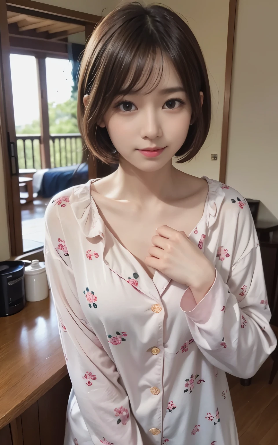 cute japanese 21 years old、Bedroom、pajamas、attention to detail、double eyelid、beautiful thin nose、sharp focus:1.2、Beautiful woman:1.4、(light brown hair、short hair、) 、pure white skin、highest quality、masterpiece、超High resolution、(Photoreal:1.4)、High resolution, professional lighting、nice smile、show the whole body、かわいいpajamas、Chest glimpsed、