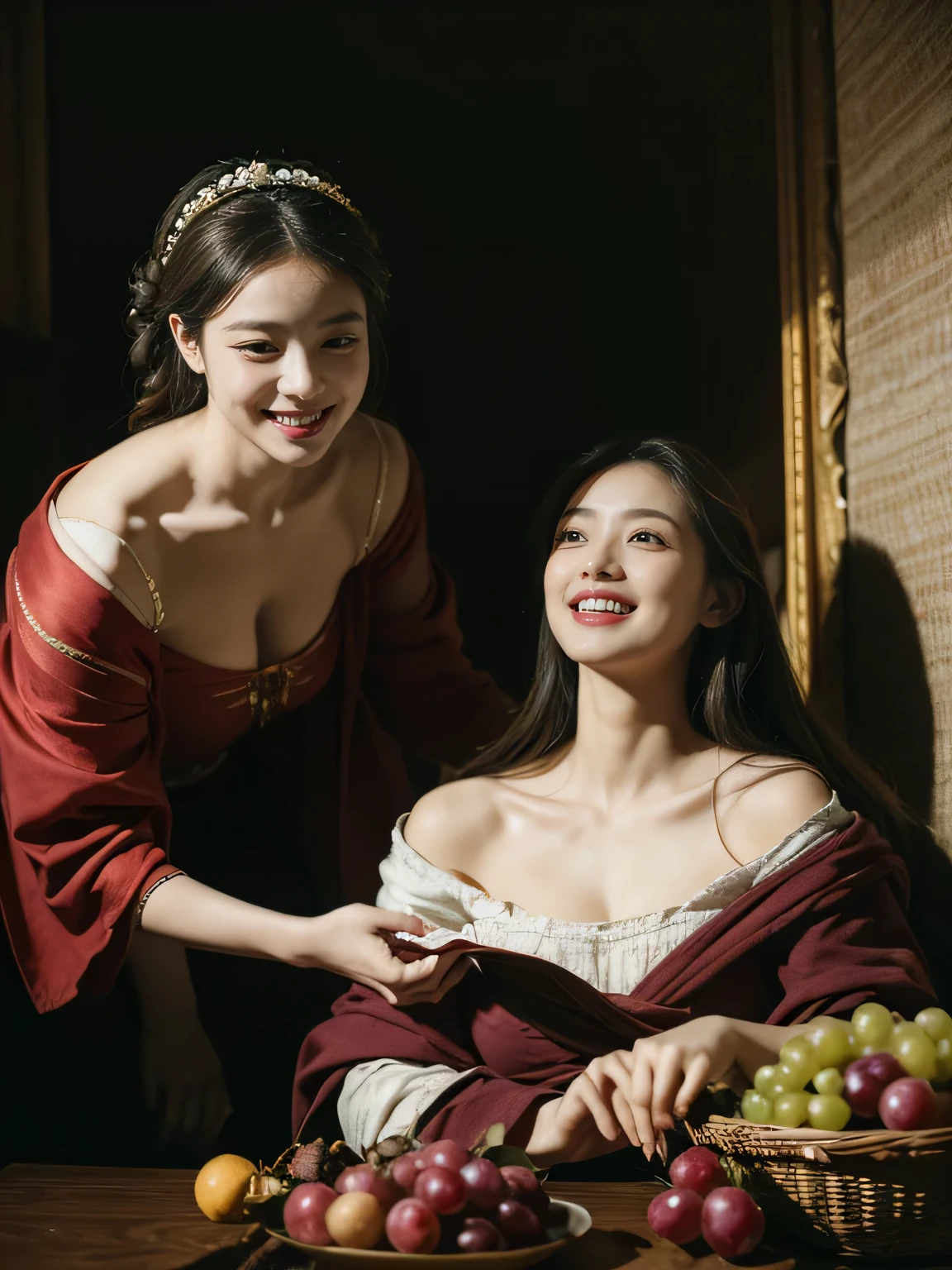 full body portrait ,fruit,grapes,rosa,antique,laughter,,sweet and enchanting appearance.、caravaggioの絵画、caravaggio'chiaroscuro,Two women having fun,cute smile, expression of ecstasy