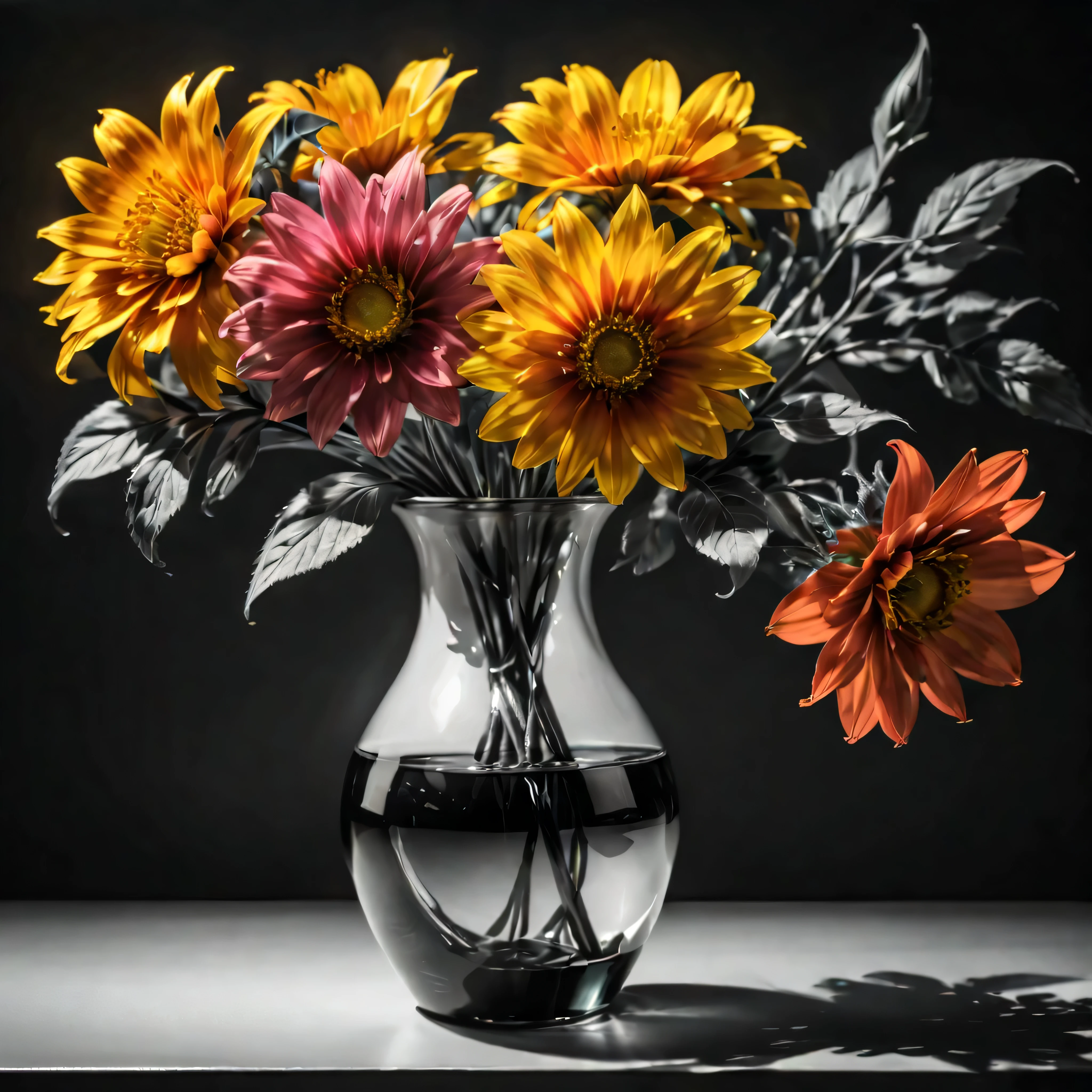 ((Selective color)), Drawing of Delightful Colorful Flower in a vase, smooth lines, fine art piece, Express expressions and postures through ink contrast, emphasize light, shadow and space. figurative art, (best quality, 4K, 8k, high resolution,masterpiece:1.2) ,(actual, photoactual, photo-actual:1.37).