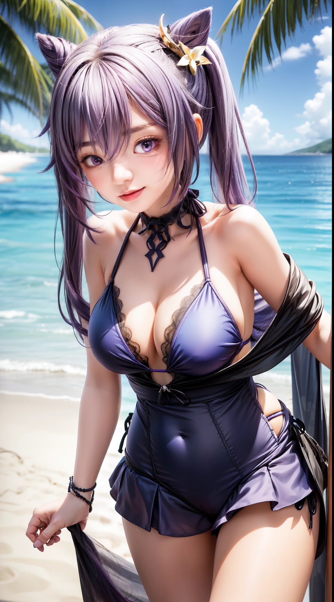 anime, beautiful face, highly detailed face, (2 accurate legs:1), purple detailed eyes, highly detailed beach background, perfect lighting, best lighting, (no shadows:1.2), 1girl, solo, outdoors, genshin impact, keqing, (beautiful purple hair:1.2), absurdres, high res, ultrasharp, 8K, masterpiece, looking at viewer, teasing smile, facial expressions full of love, BREAK (detailed sexy beach bikini:1.5), (all intricate lace:1.2), sexy pose, arching back, (extremely close up:1.4)