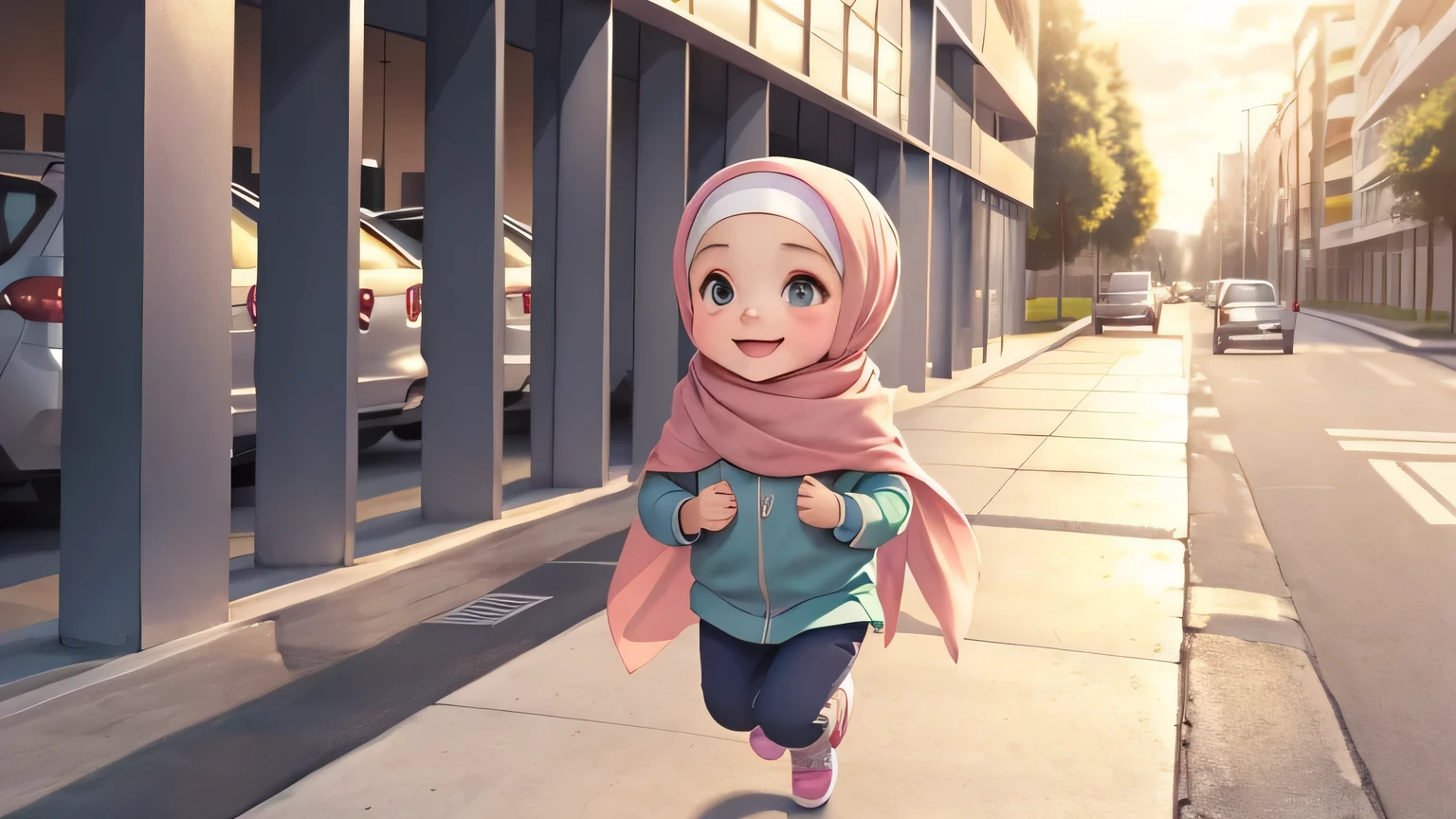 full body pose (best quality,1girl,baby face,smile,cute,carry wearing hijab running to school),illustration,realistic colors,soft lighting