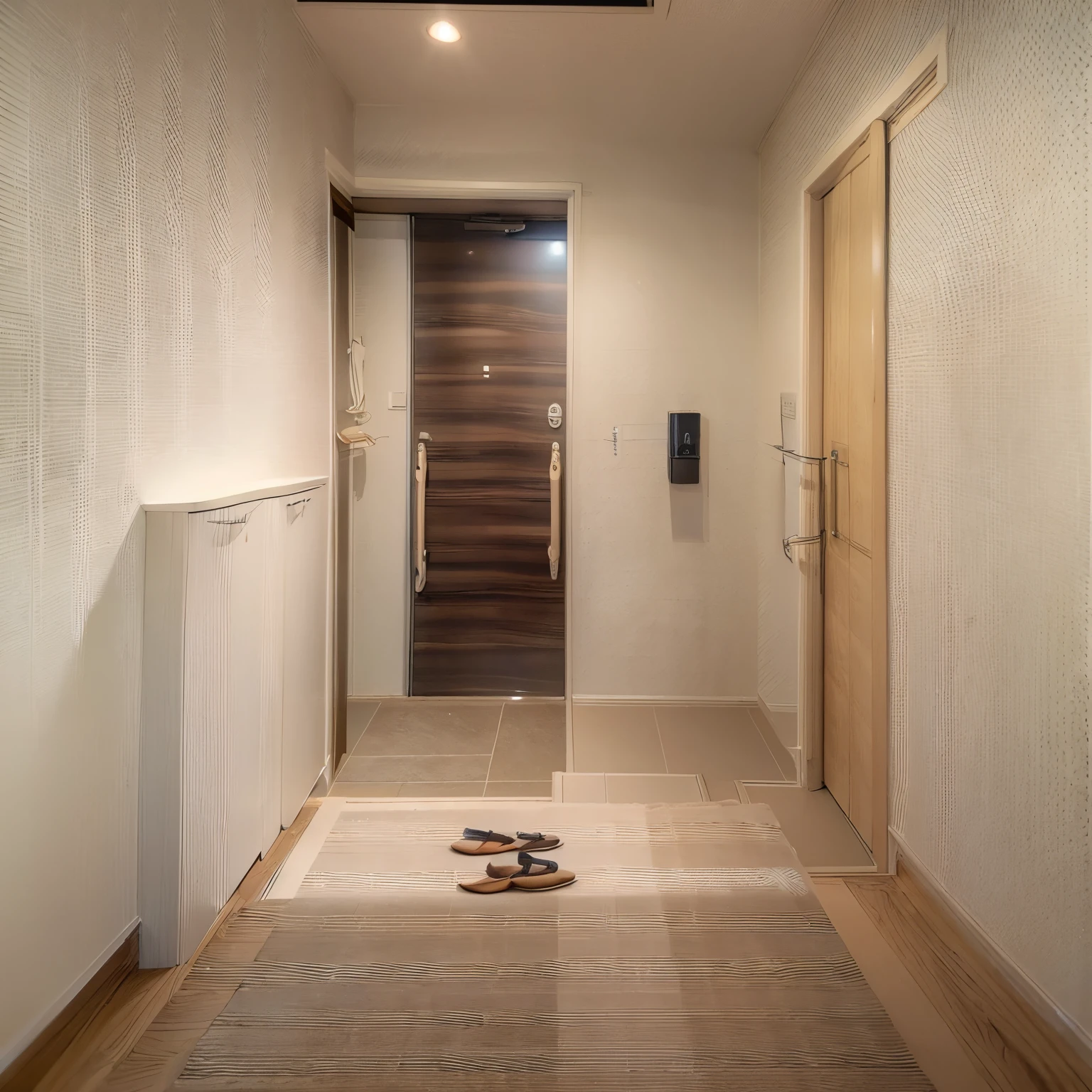 Entrance of an apartment building (from inside the house) genkan, JMG2, door, wooden floor, shoes removed, shoes, indoors, scenery, genkan, JMG2, door, scenery, indoors, tiles, tile floor, open door, slippers, towel, box, wooden floor,