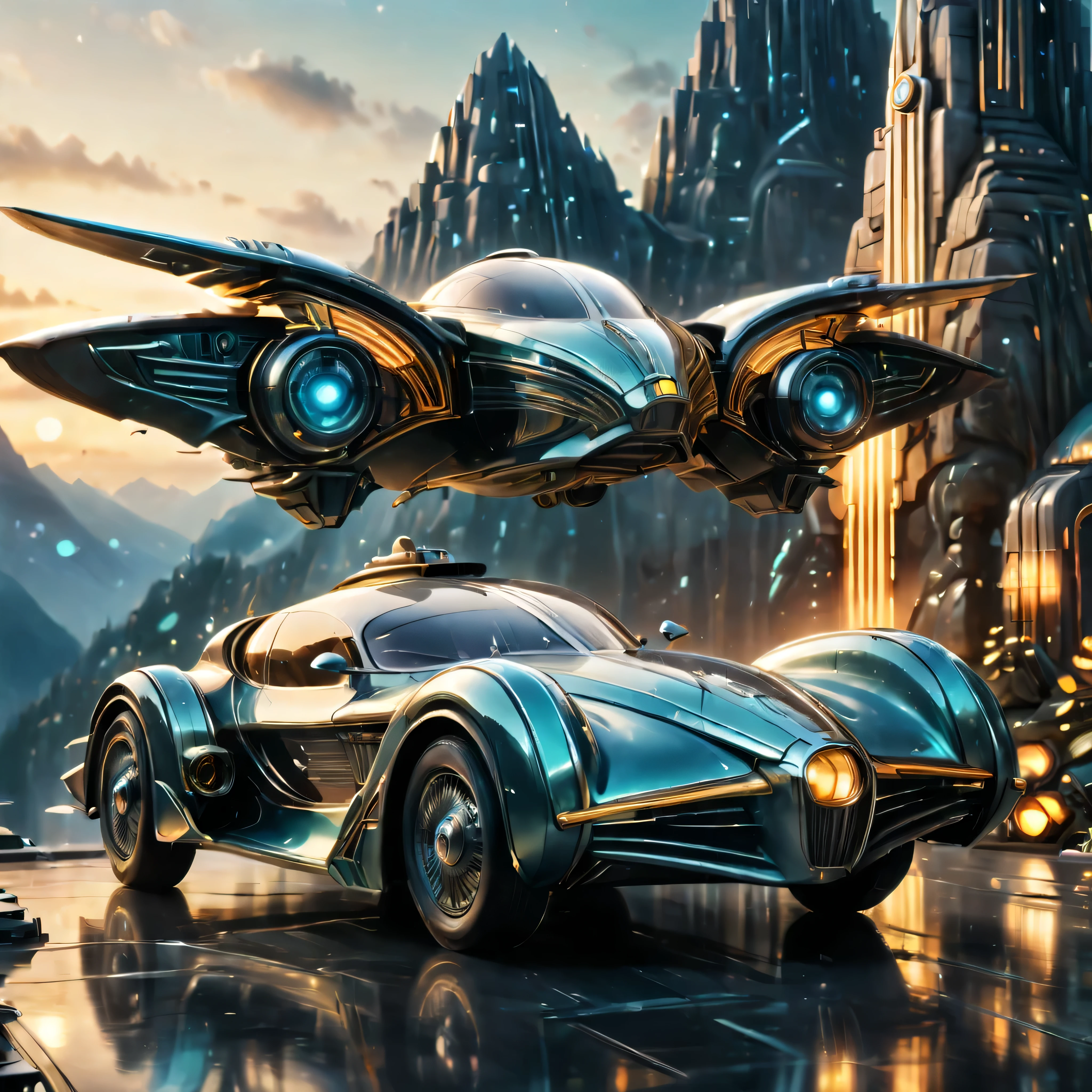 art deco style flying car, art deco style science fiction, background is vast mountain

(best quality,4k,8k,highres,masterpiece:1.2),ultra-detailed,(realistic,photorealistic,photo-realistic:1.37),HDR,UHD,studio lighting,ultra-fine painting,sharp focus,physically-based rendering,extreme detail description,professional,vivid colors,bokeh.