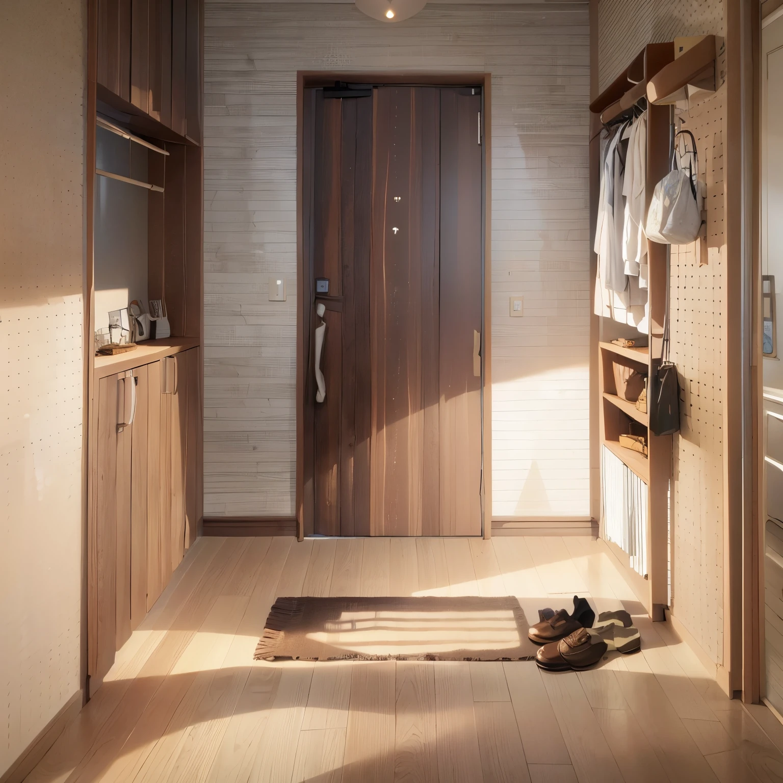 Entrance of an apartment building (from inside the house) genkan, JMG2, door, wooden floor, shoes removed, shoes, indoors, scenery, genkan, JMG2, door, scenery, indoors, tiles, tile floor, open door, slippers, towel, box, wooden floor,